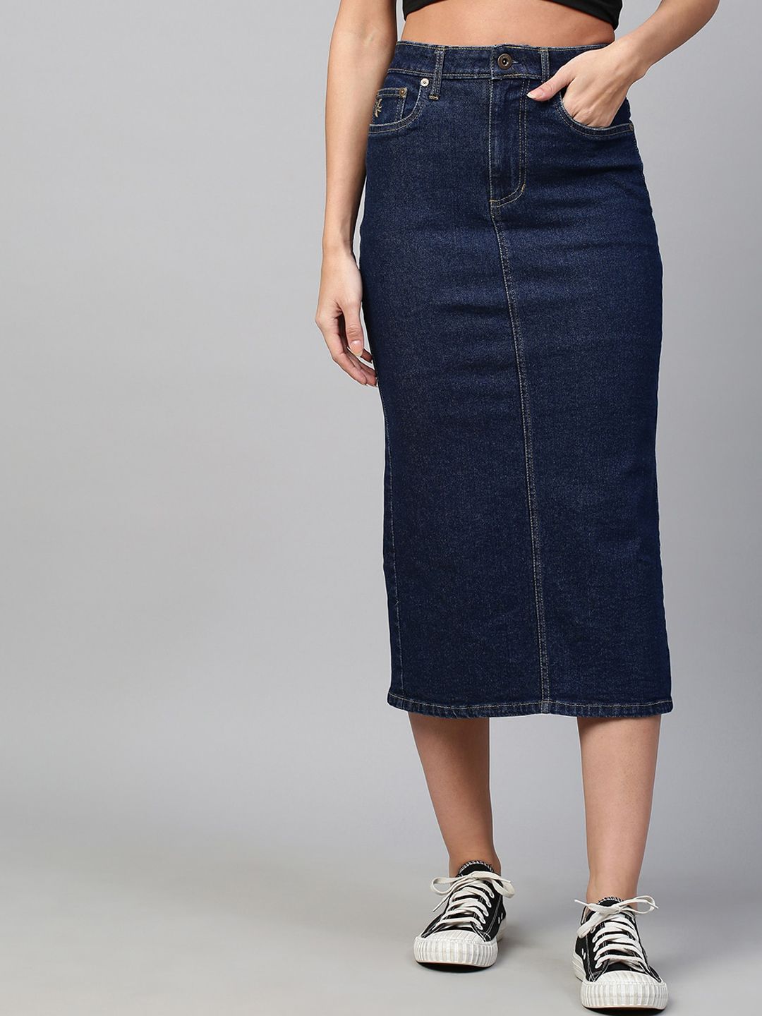 Chemistry Women Navy Blue Solid Straight Midi Denim Skirt Price in India