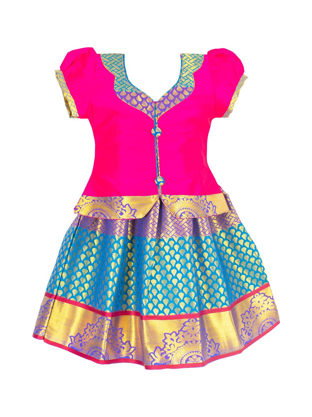 AMIRTHA FASHION Girls Pink & Blue Thread Work Art Silk Ready to Wear Lehenga