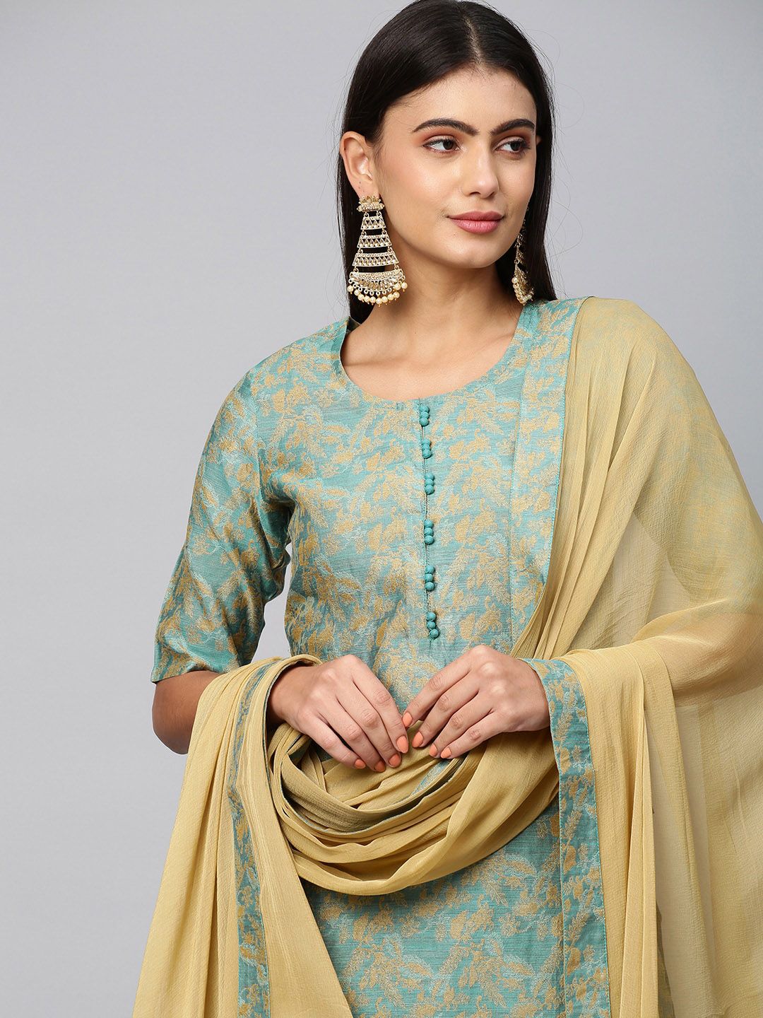 KALINI Women Sea Green Straight Printed Kurta with Trouser & With Dupatta Price in India