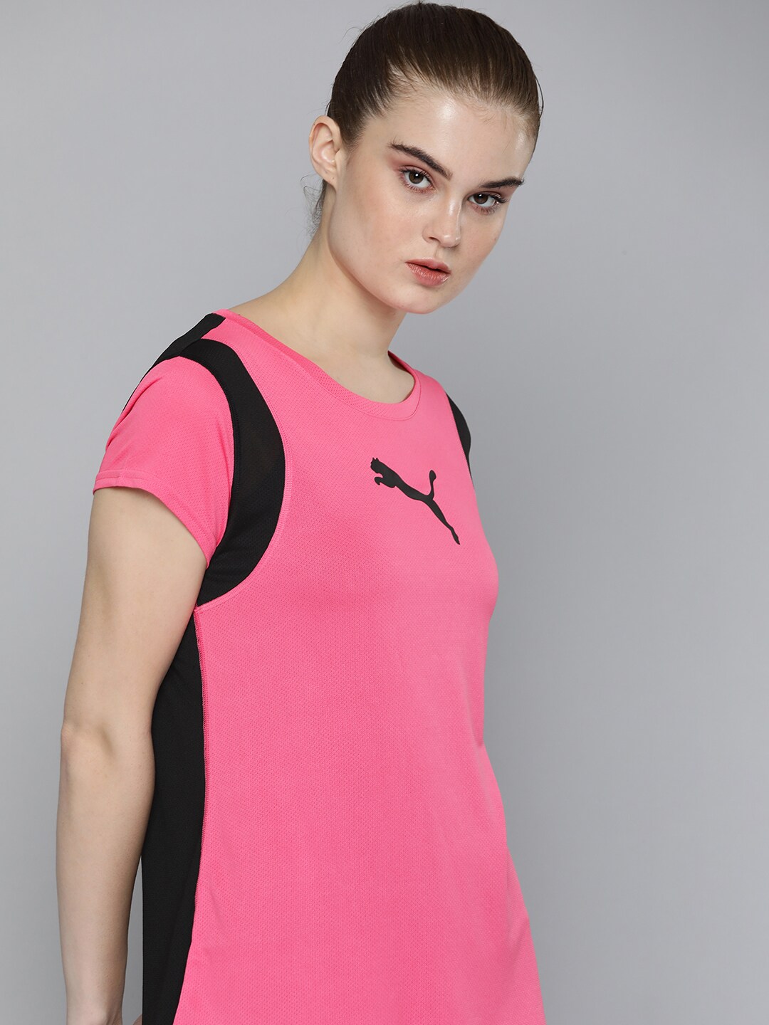 Puma Women Pink & Black Colourblocked dryCELL TRAIN ALL DAY T-shirt Price in India