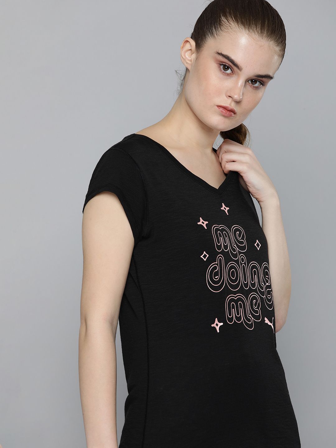 Puma Women Black Typography Printed dryCELL Performance Curved Hem T-shirt Price in India