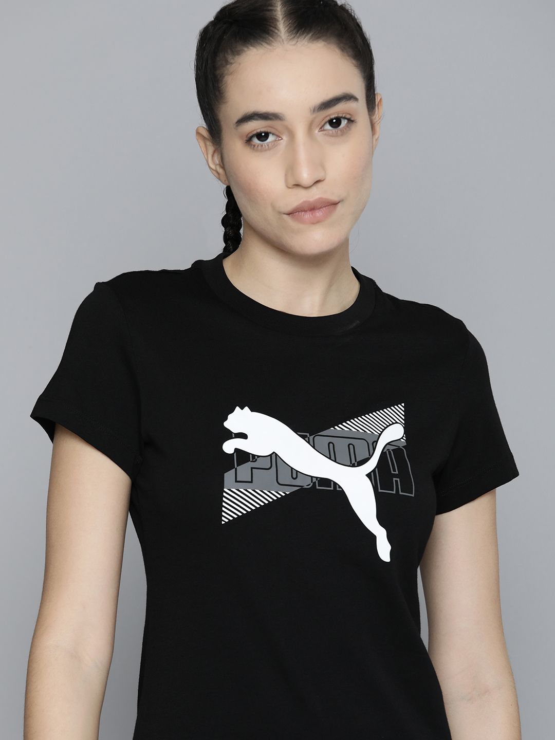 Puma Women Black Power Graphic Brand Logo Print Pure Cotton Knitted Regular Fit T-Shirt Price in India