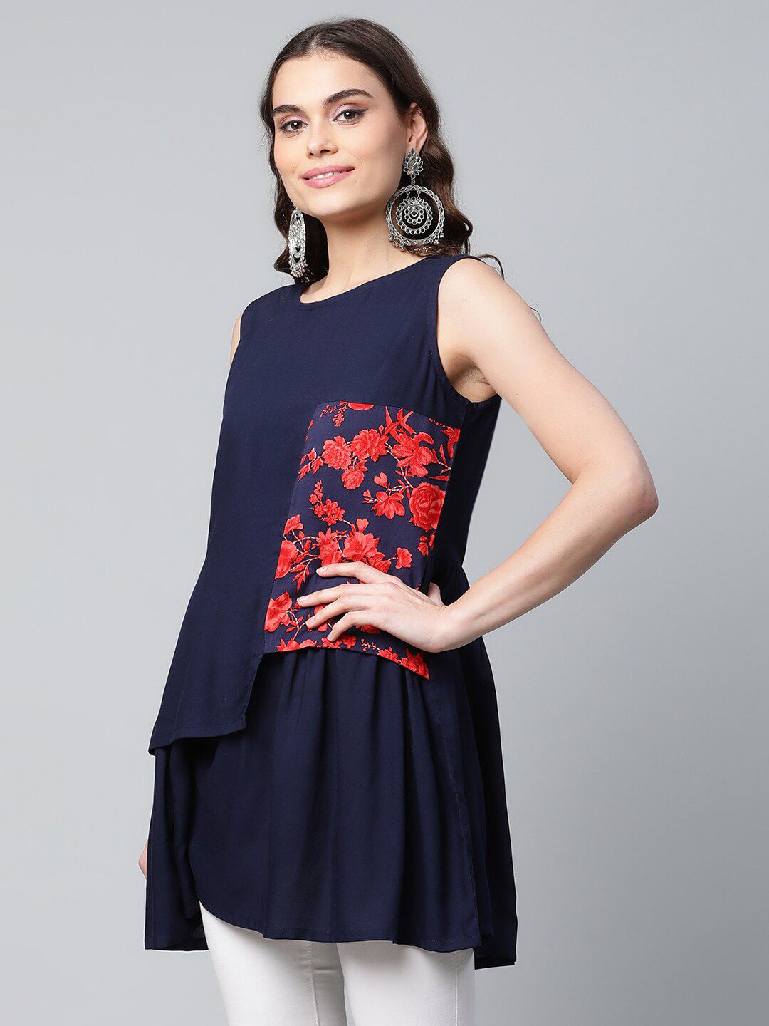 Ahalyaa Navy Blue & Red Viscose Rayon Boat Neck Printed Layered Tunic Price in India