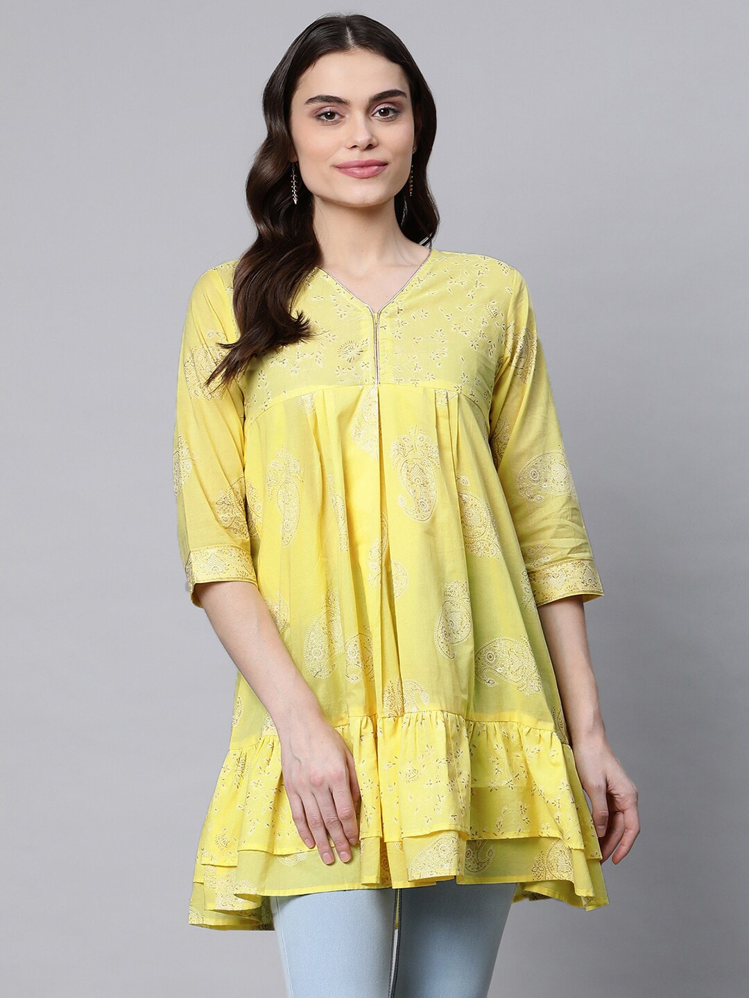 Ahalyaa Yellow Printed Cotton Tunic Price in India