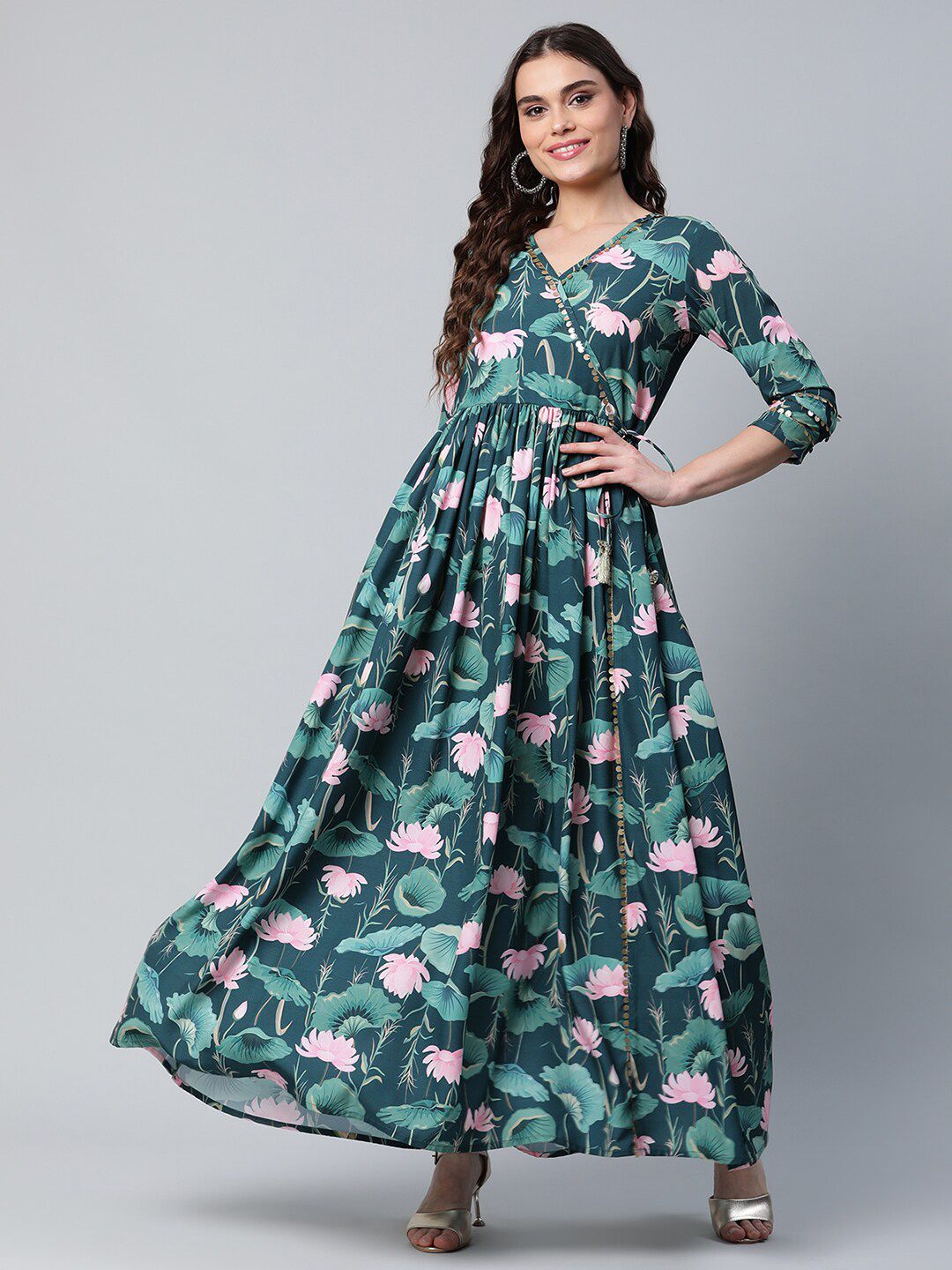 Ahalyaa Green Tropical Printed Crepe Ethnic Maxi Dress Price in India