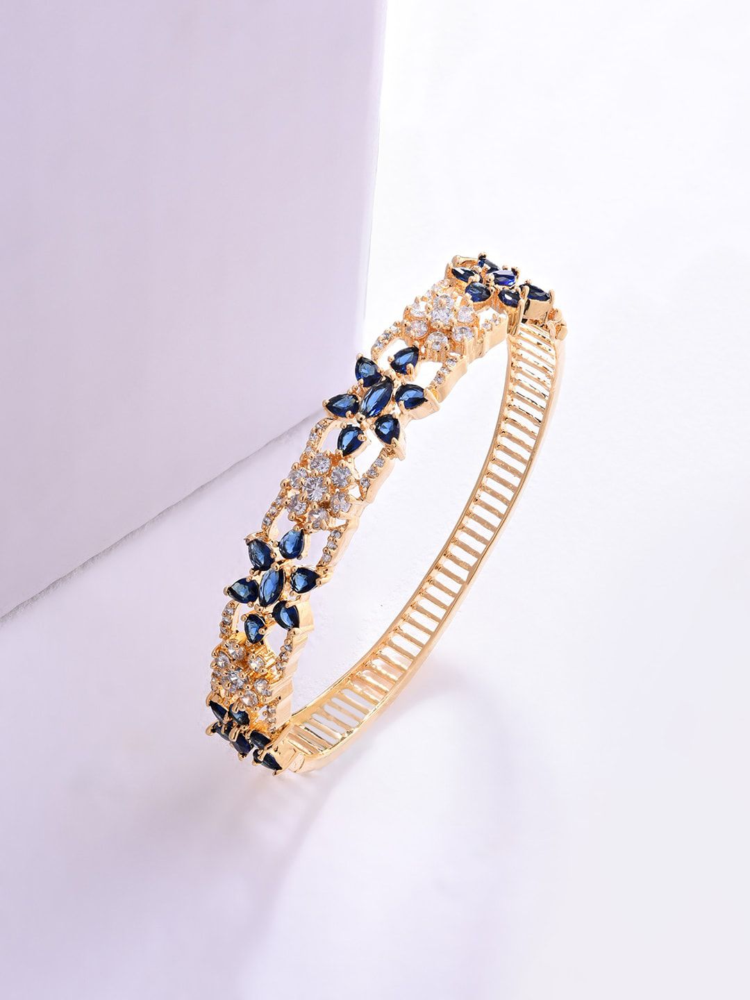 Fida Women Gold-Toned & Blue Brass American Diamond Antique Gold-Plated Bangle-Style Bracelet Price in India