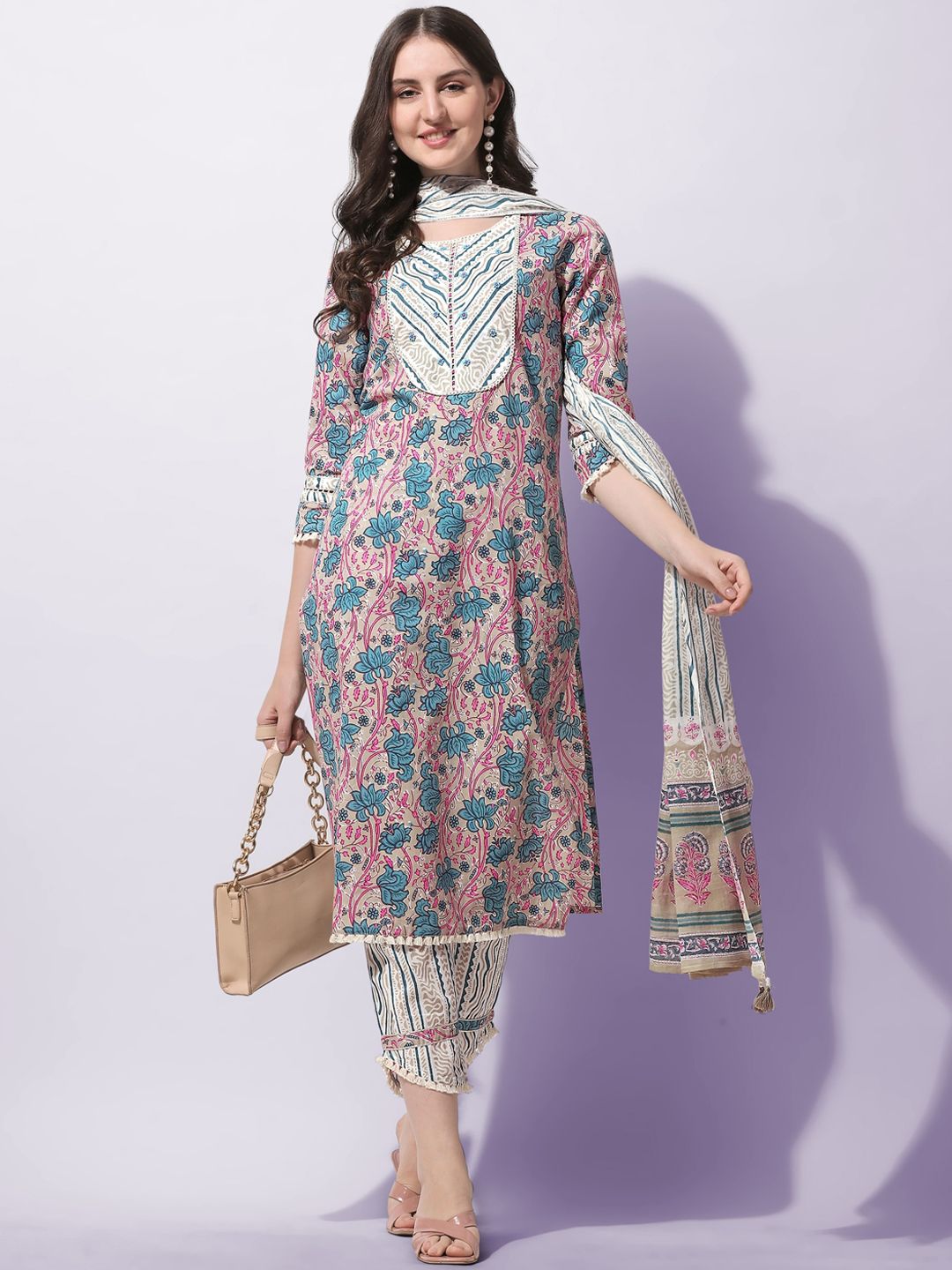 MIRCHI FASHION Women Cream-Coloured Ethnic Motifs Printed Pure Cotton Kurta Set Price in India