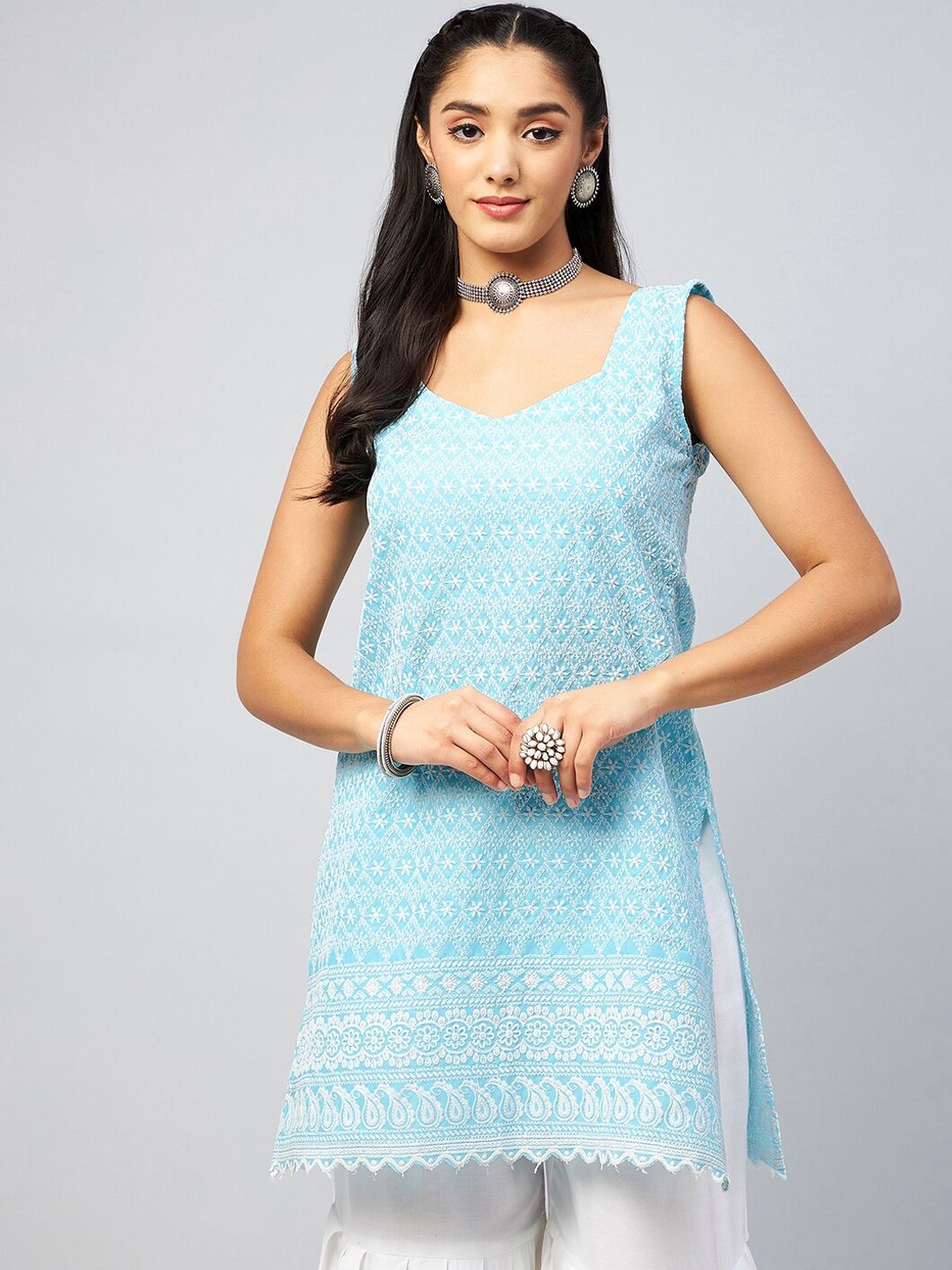 InWeave Women Blue & White Ethnic Motifs Embroidered Chikankari Kurta Price in India