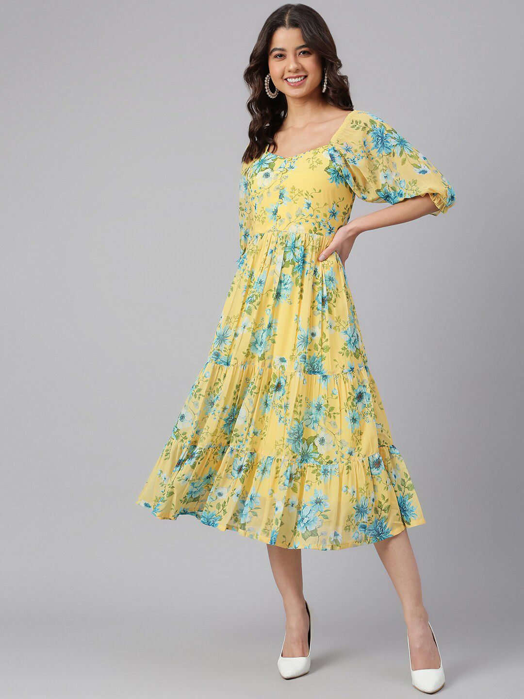 Janasya Women Yellow Georgette Floral Print Flared Western Dress Price in India