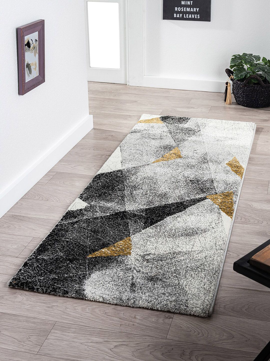 OBSESSIONS Grey & Golden Abstract Floor Runner Price in India