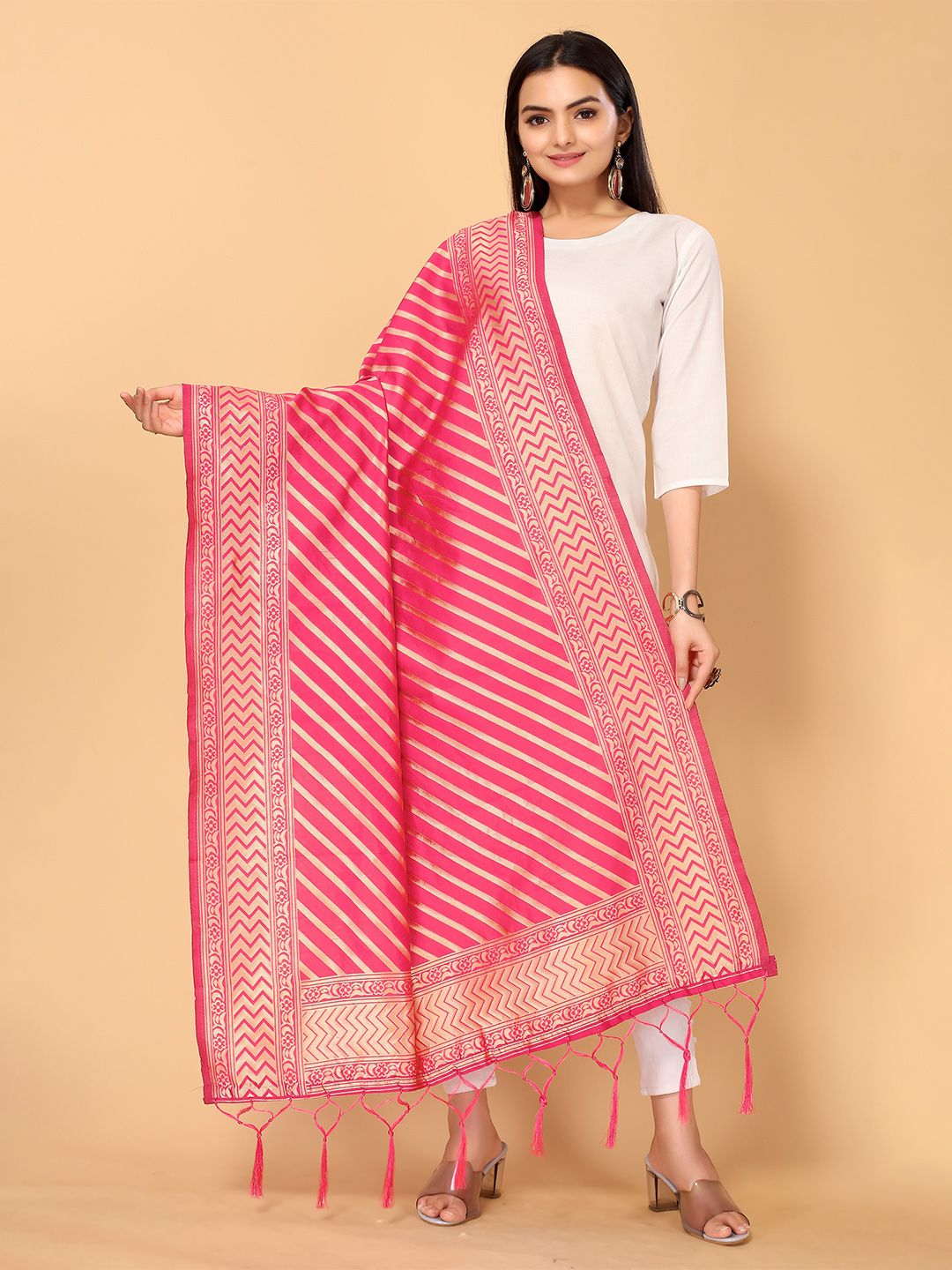 all about you Pink & Gold-Toned Striped Silk Blend Dupatta Price in India