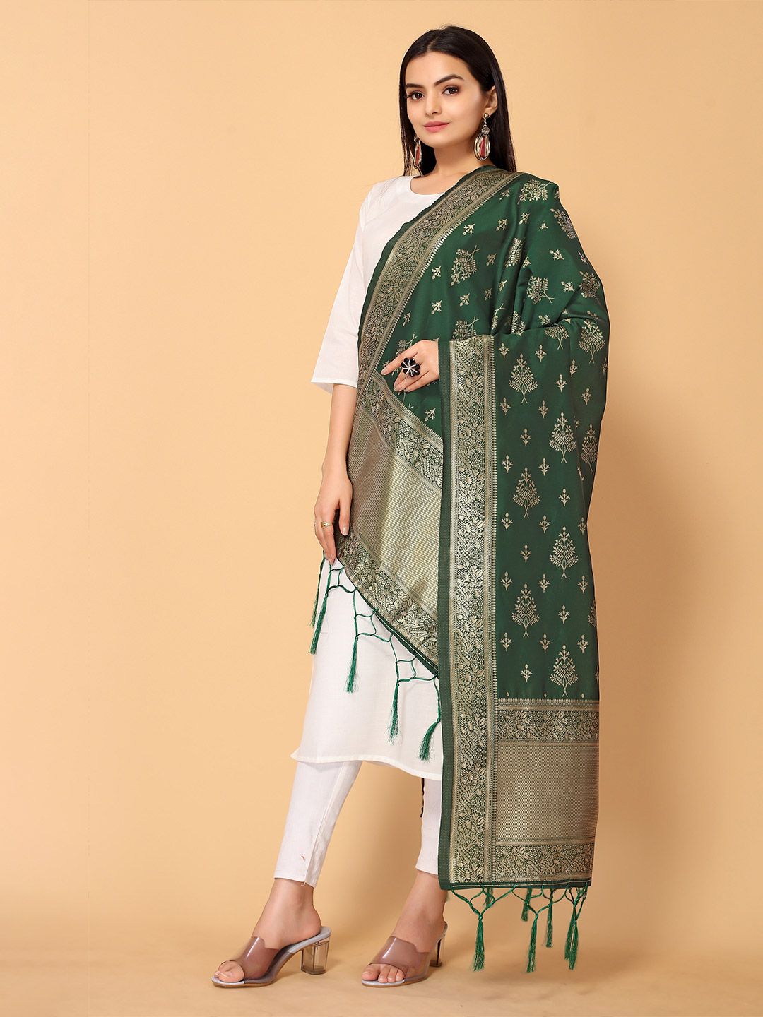 all about you Green & Gold-Toned Floral Woven Design Dupatta Price in India
