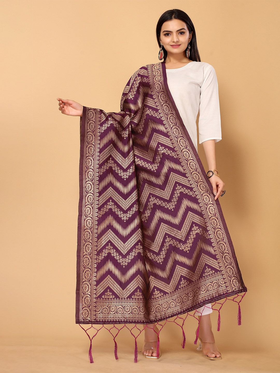 all about you Purple & Gold-Toned Ethnic Motifs Woven Design Dupatta Price in India