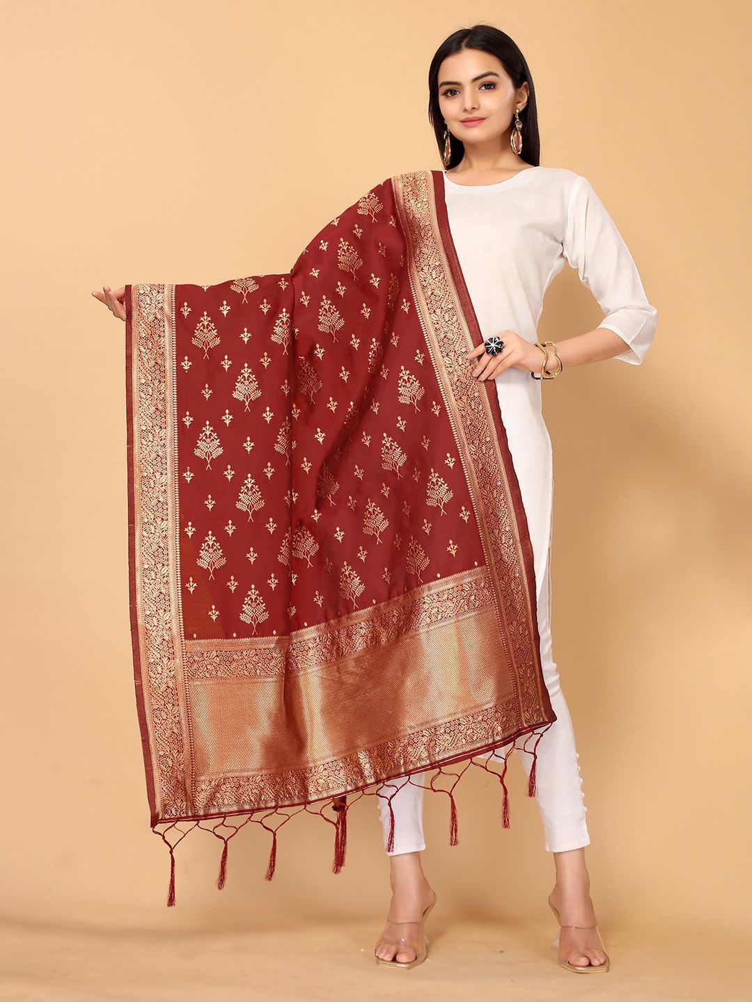 all about you Maroon & Gold-Toned Woven Design Dupatta with Zari Price in India