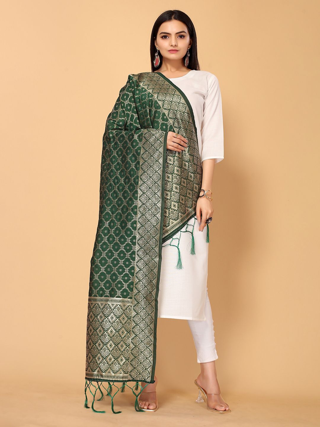 all about you Green & Gold-Toned Ethnic Motifs Woven Design Dupatta with Zari Price in India