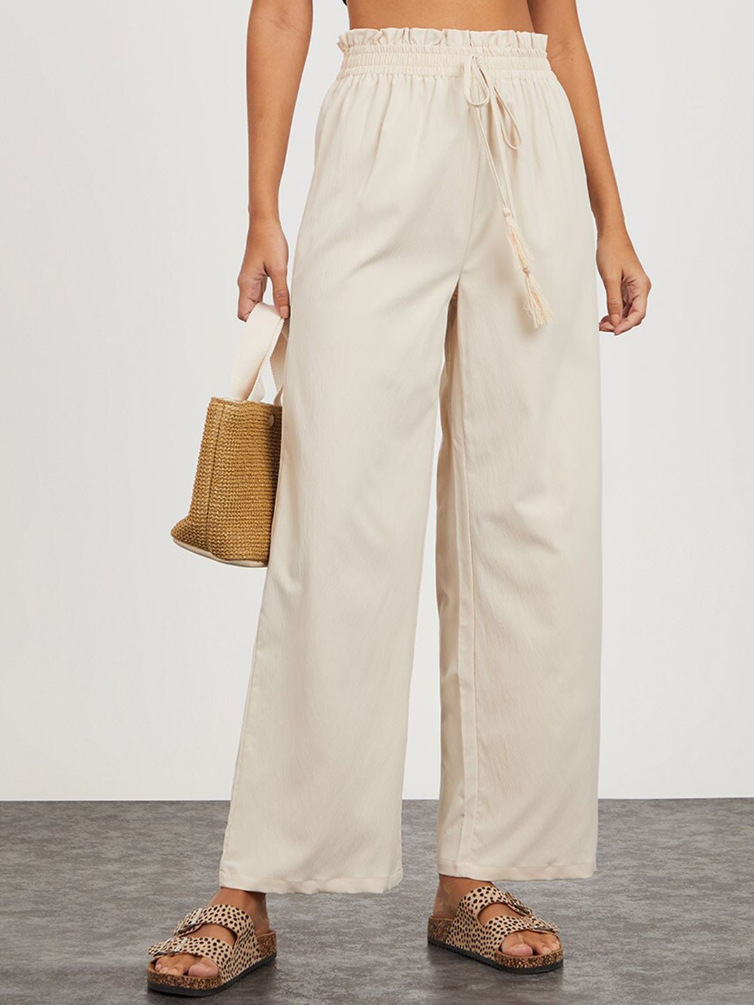 Styli Women Cream-Coloured High-Rise Trousers Price in India