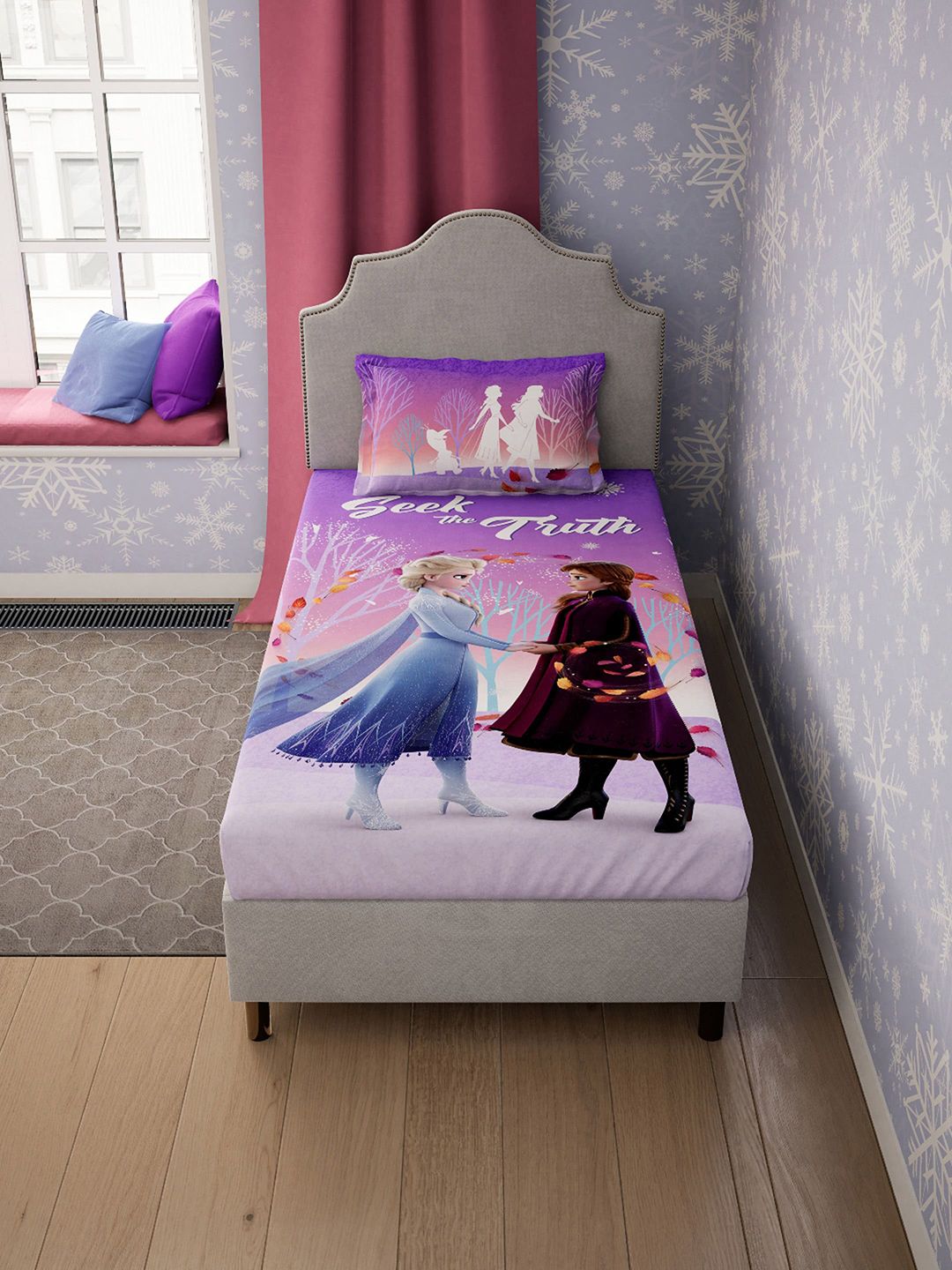 DDecor Purple & Brown Frozen Printed 140 TC Single Bedsheet with 1 Pillow Covers Price in India
