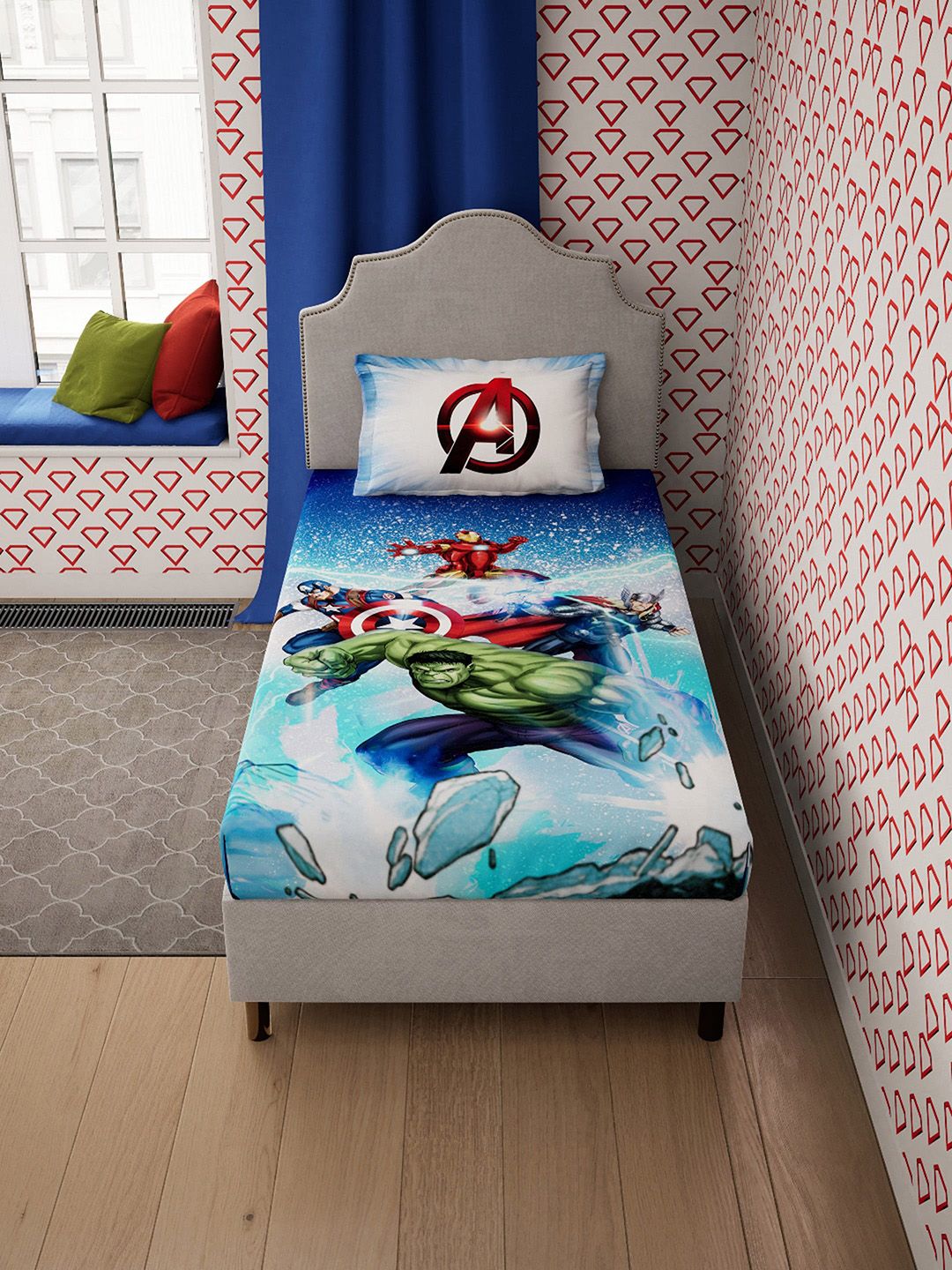 DDecor Blue & Red Avengers Printed  140 TC Single Bedsheet with 1 Pillow Covers Price in India