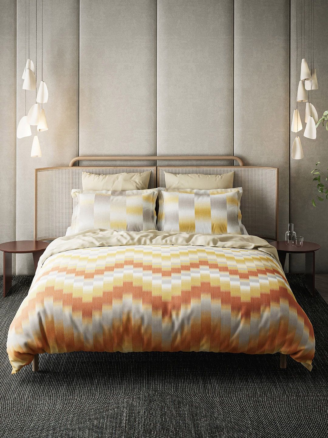DDecor Yellow & Orange Geometric 136 TC King Bedsheet with 2 Pillow Covers Price in India