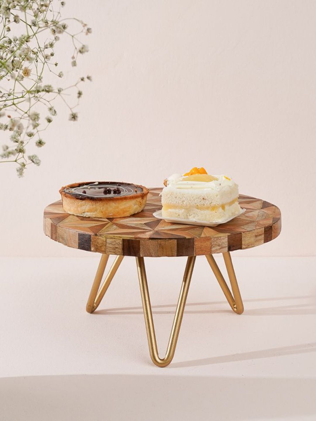 CASA DECOR Gold-Toned & Brown Wooden Geometric Cake Stand Price in India