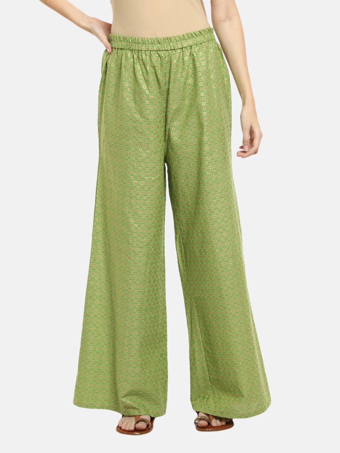 V-Mart Women  Green Printed Cotton Flared Palazzos Price in India