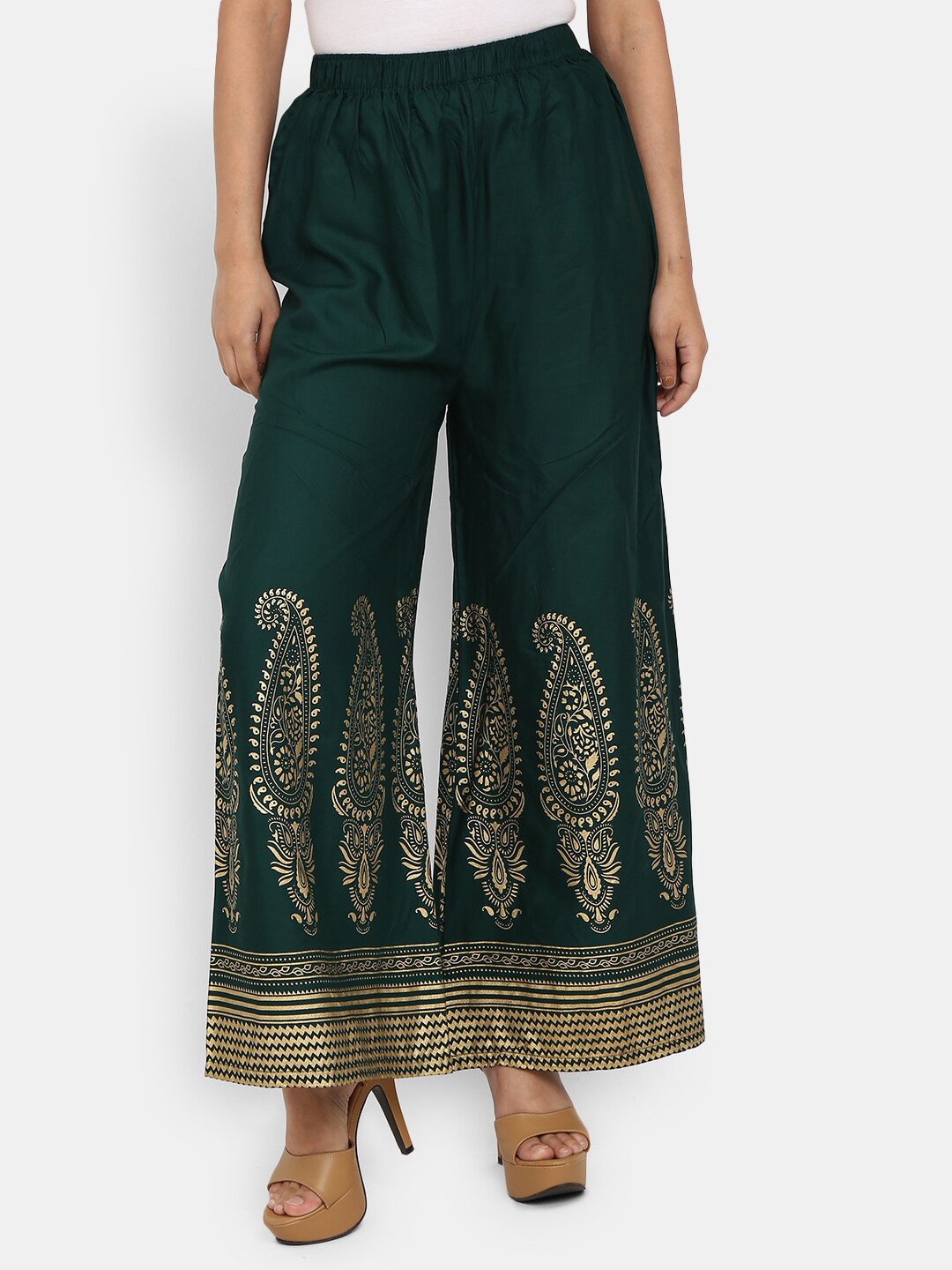 V-Mart Women Green & Gold-Toned Paisley Printed Flared Ethnic Palazzos Price in India