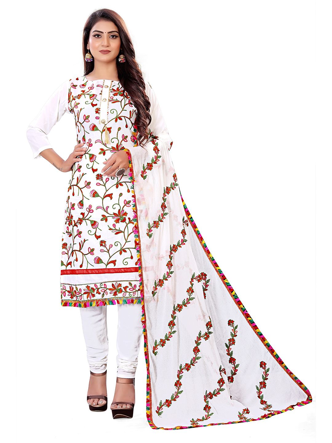 BIRVAA White & Red Embroidered Unstitched Dress Material Price in India