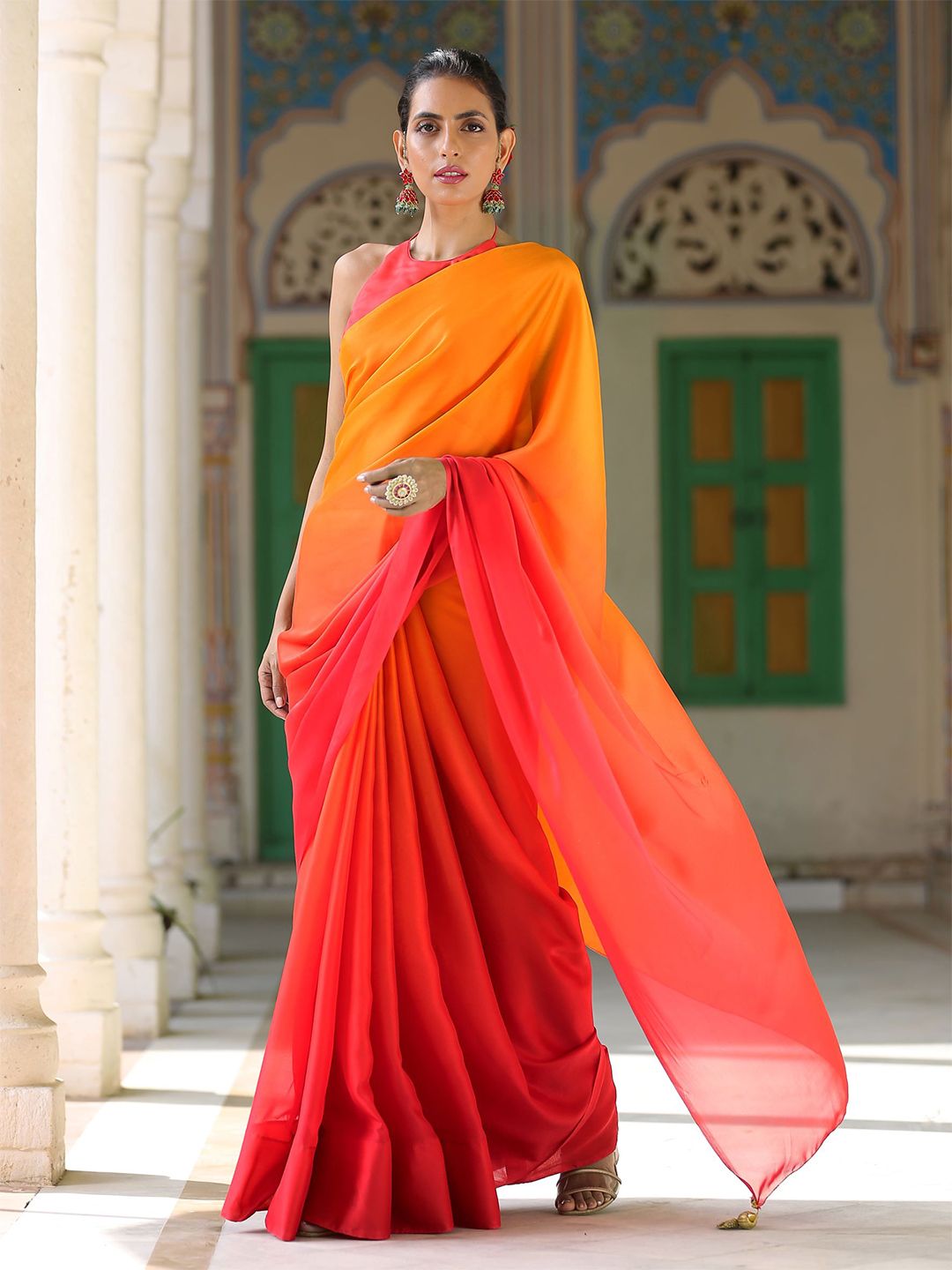 Swtantra Red & Orange Ombre Pure Chiffon Saree