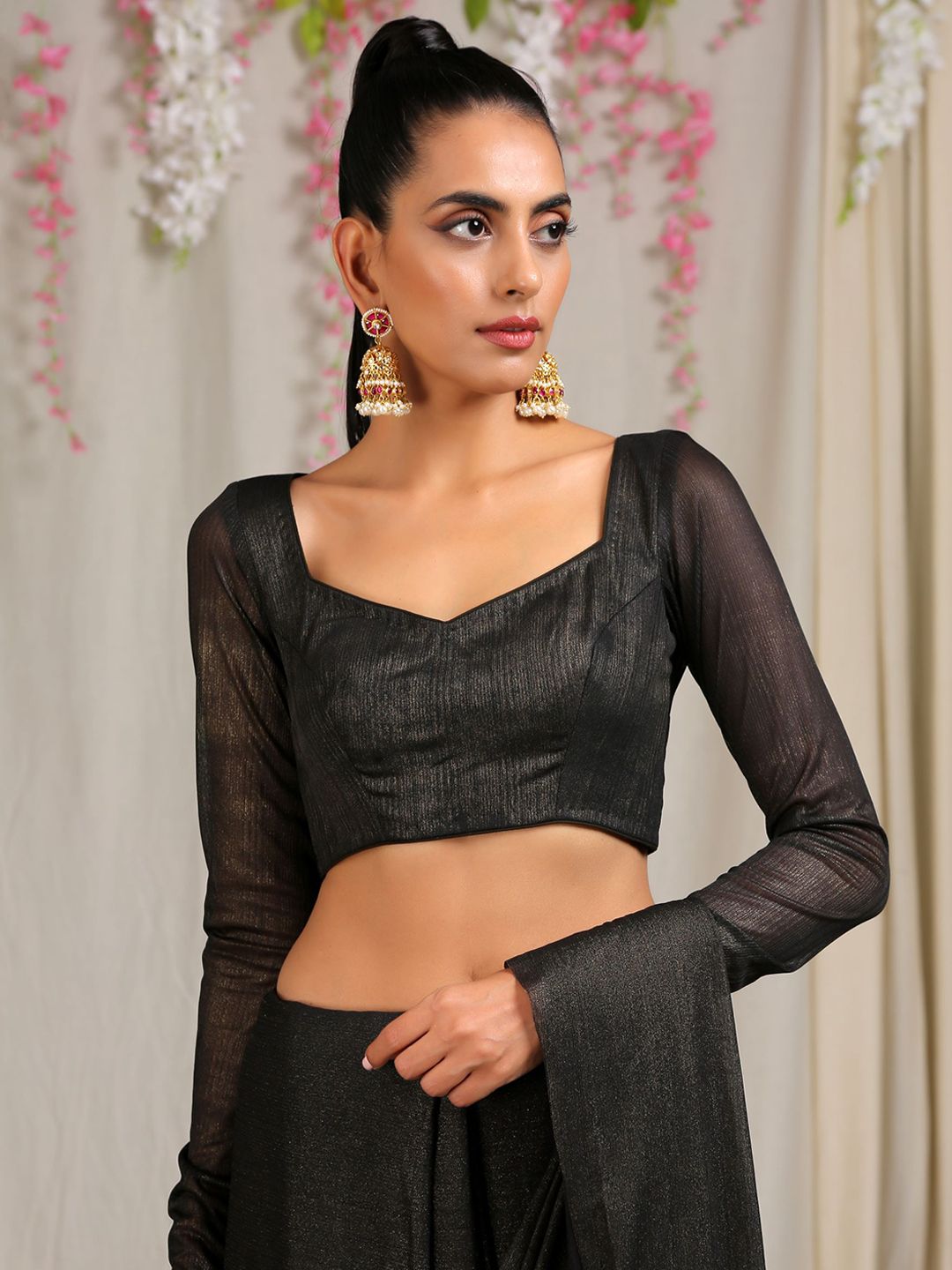 Swtantra Women Black Solid Net Saree Blouse