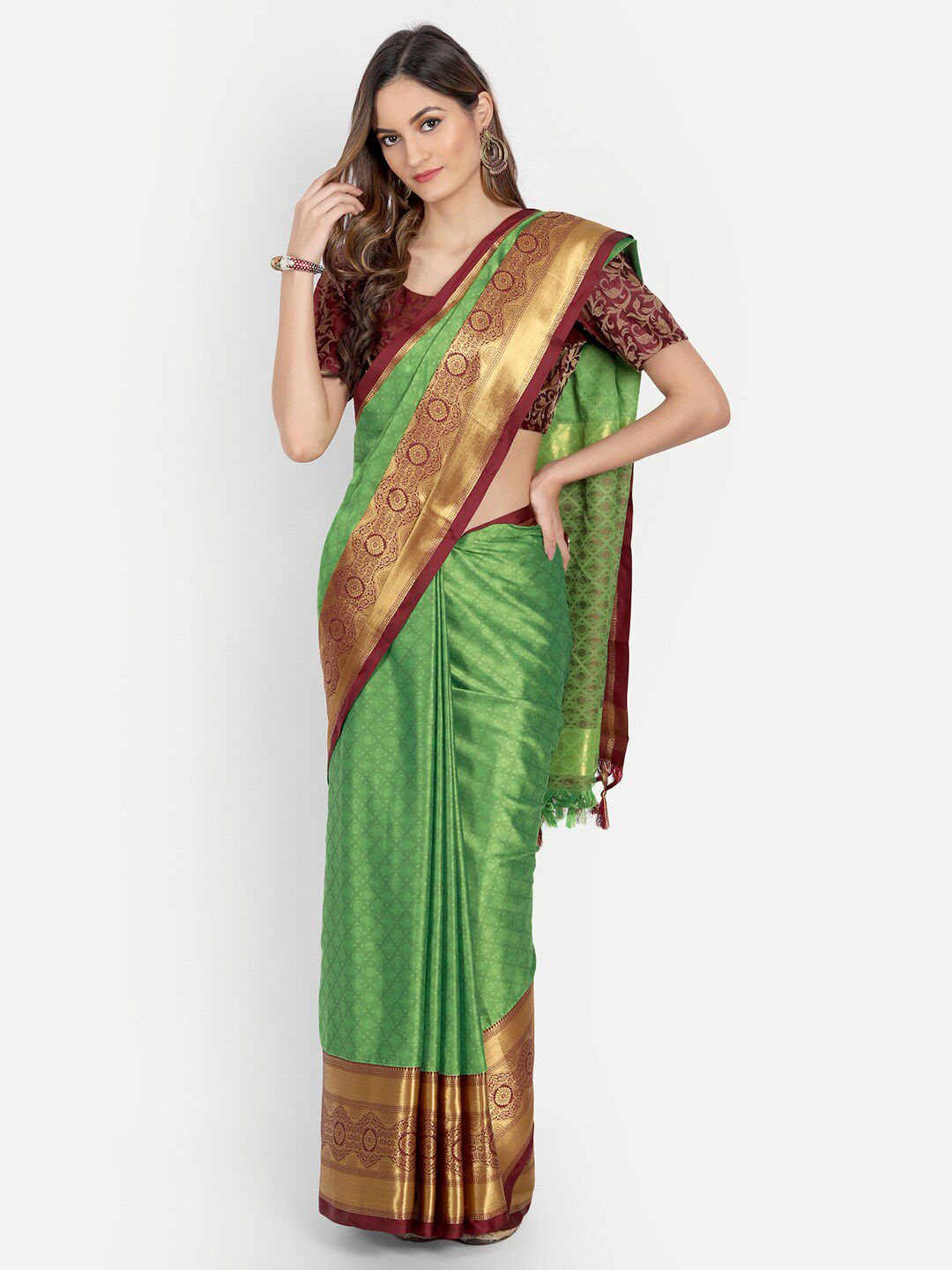 Mitera Green & Gold-Toned Woven Design Mysore Silk Saree Price in India