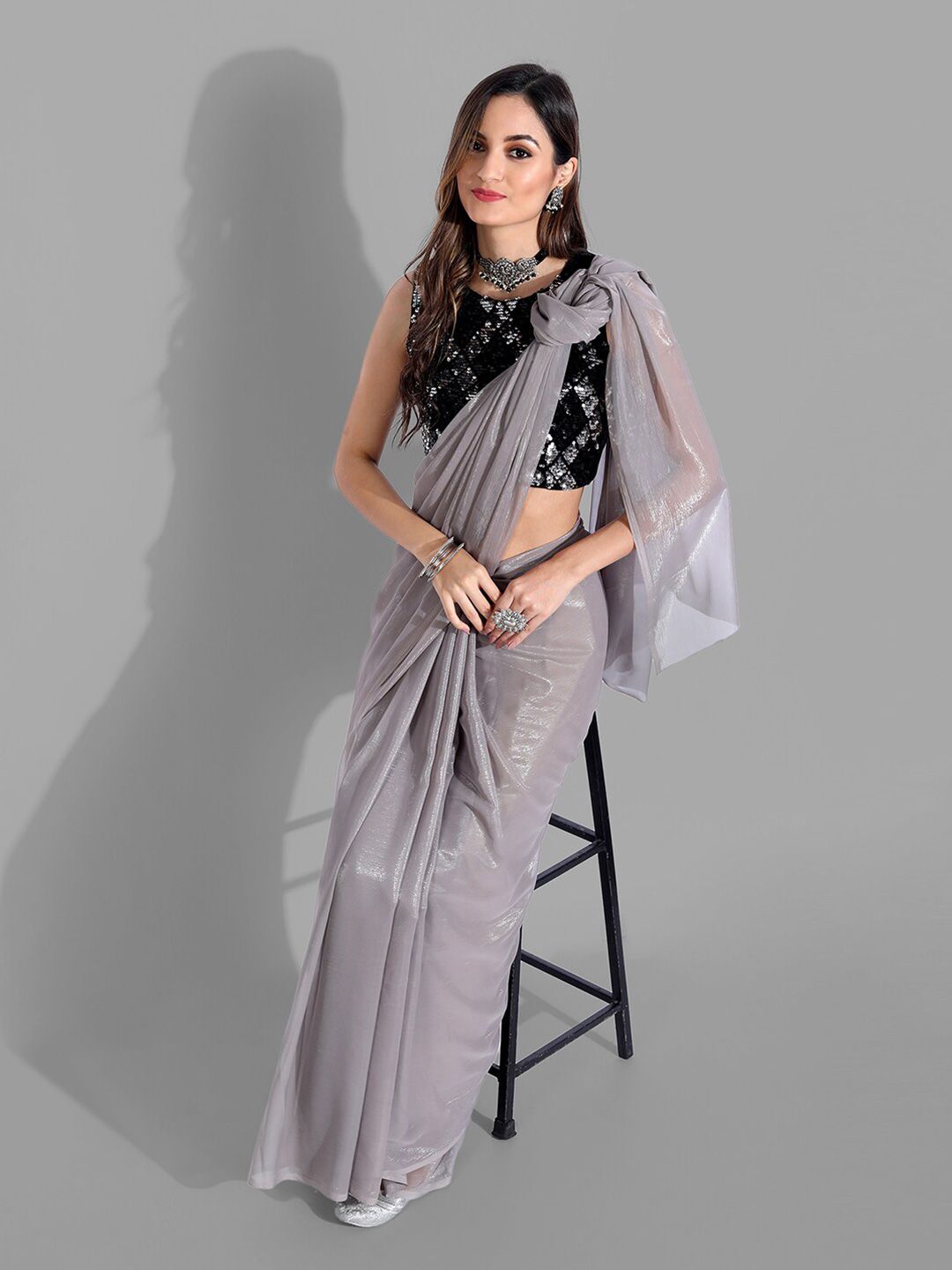 Mitera Grey Zari Bomkai silk Saree Price in India