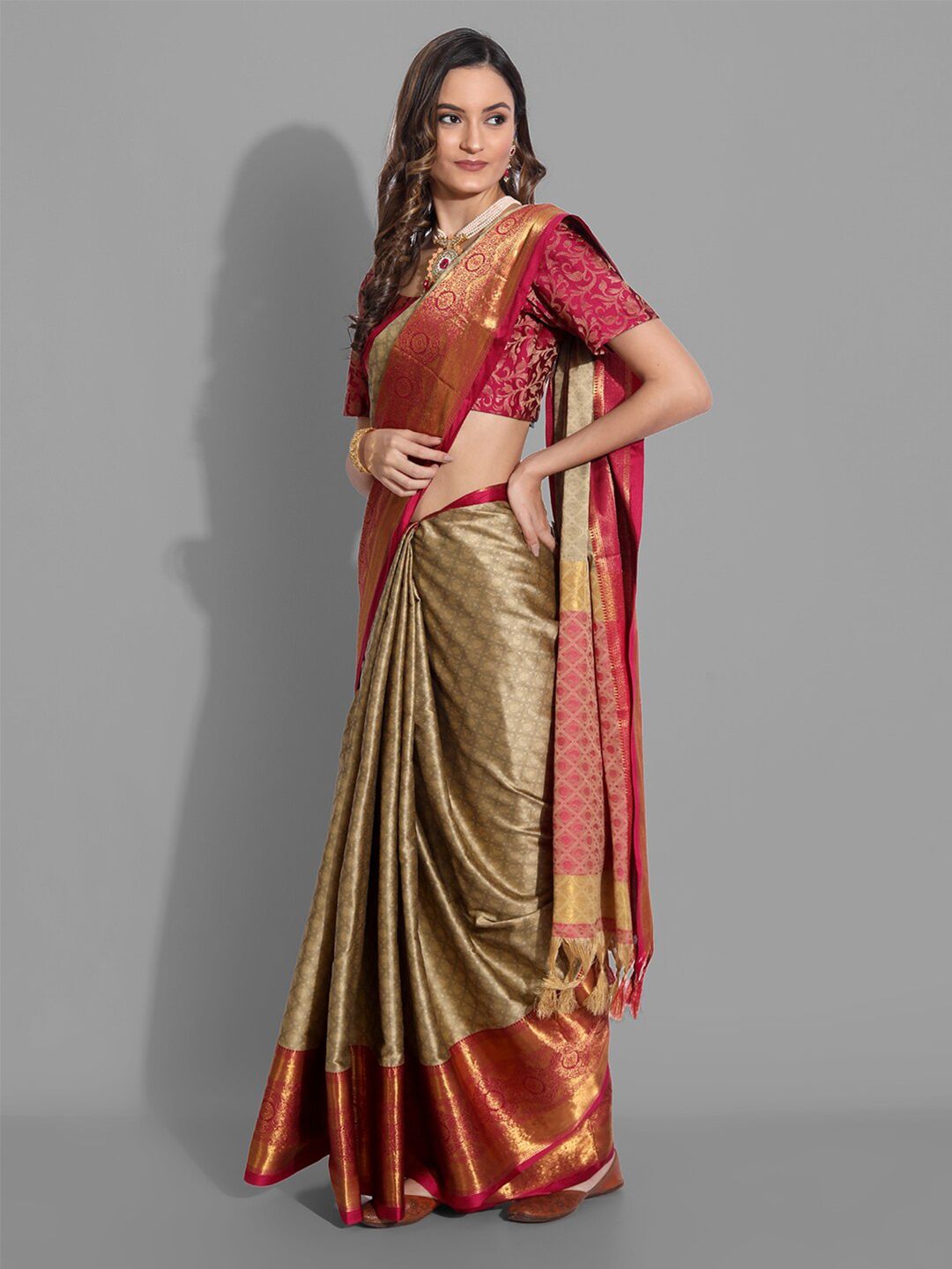 Mitera Beige & Red Woven Design Zardozi Mysore Silk Saree Price in India