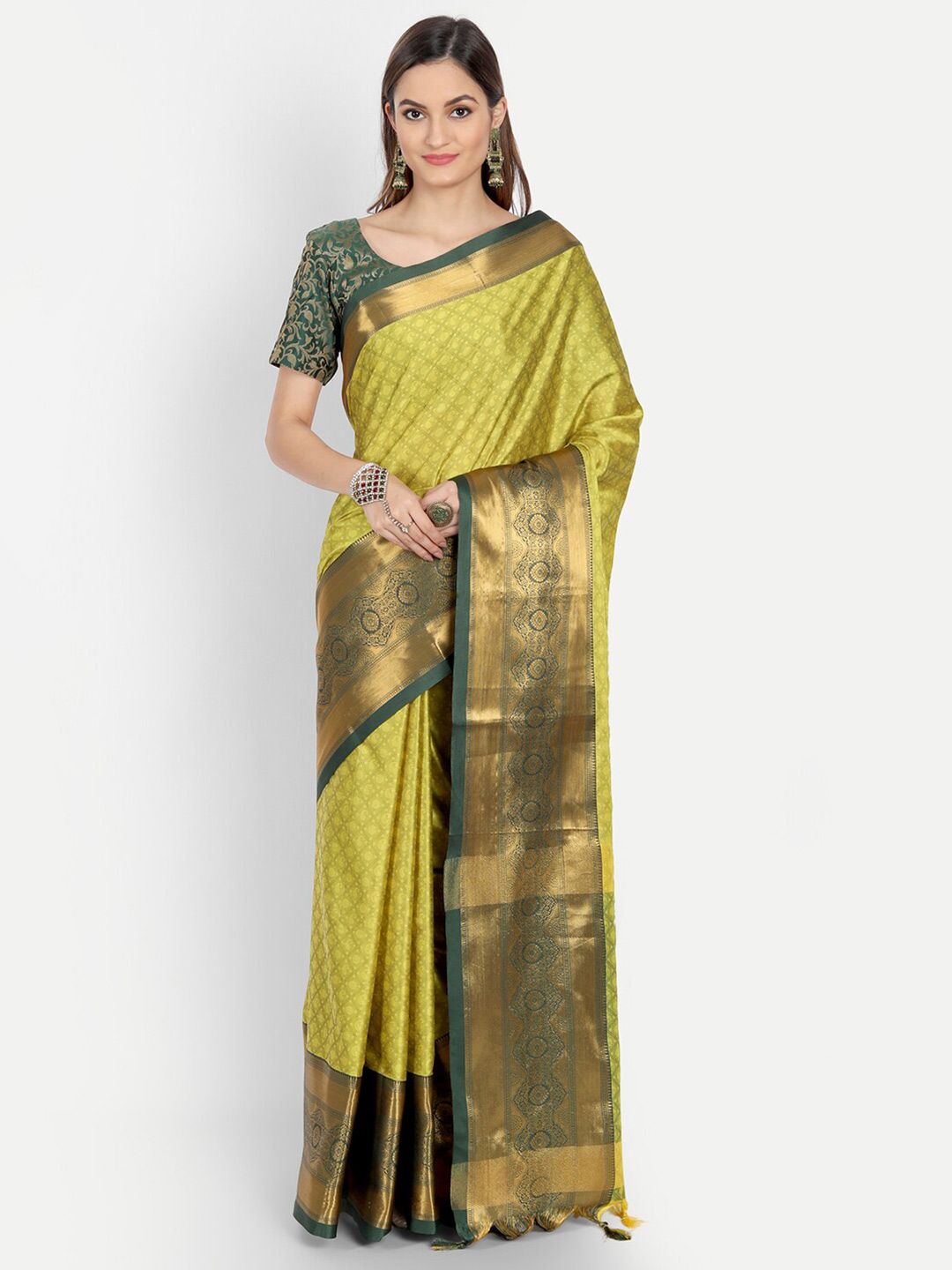 Mitera Lime Green & Gold-Toned Woven Design Zardozi Mysore Silk Saree Price in India