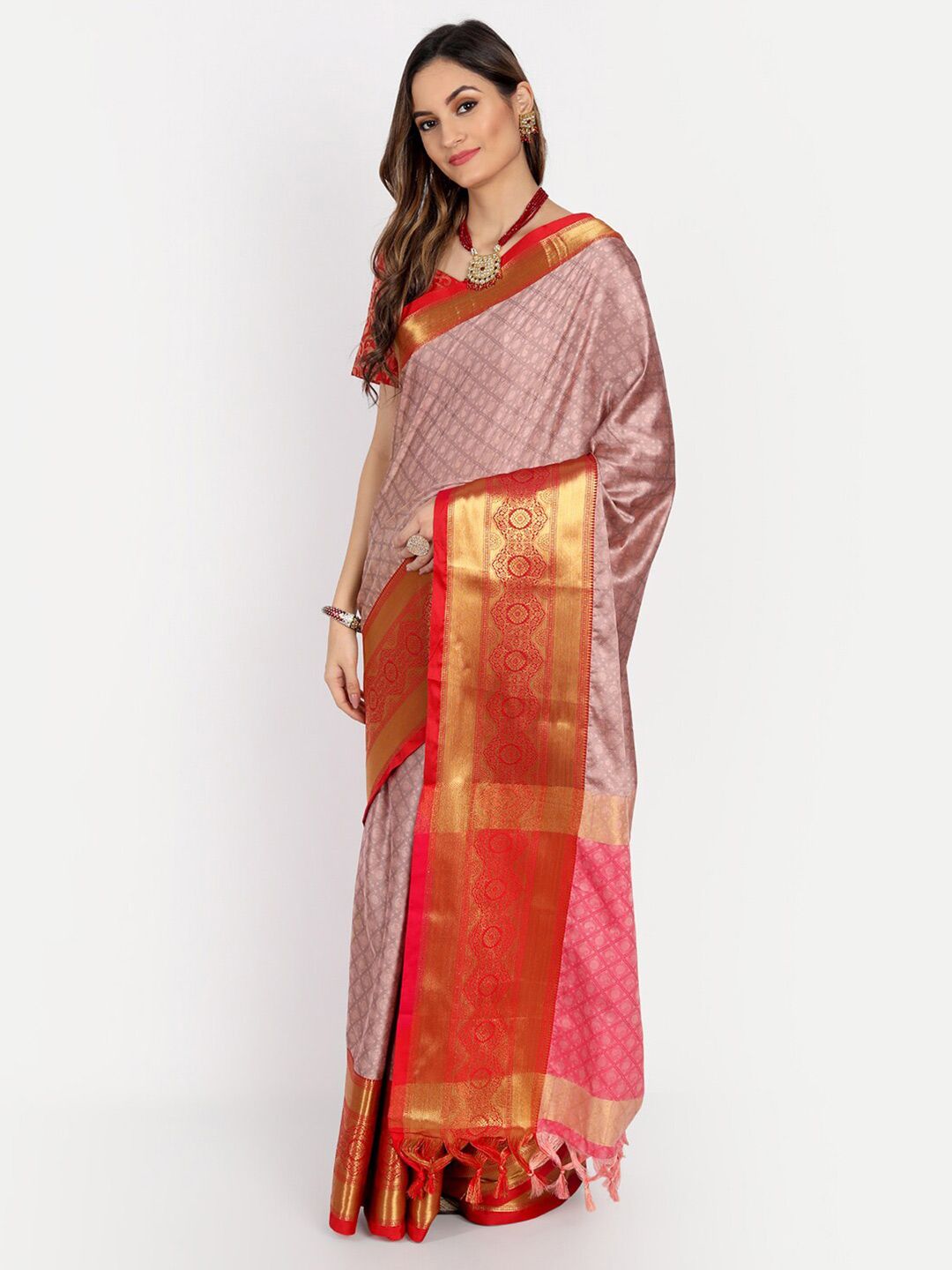 Mitera Women Peach & Gold-Toned Woven Design Zardozi Mysore Silk Saree Price in India