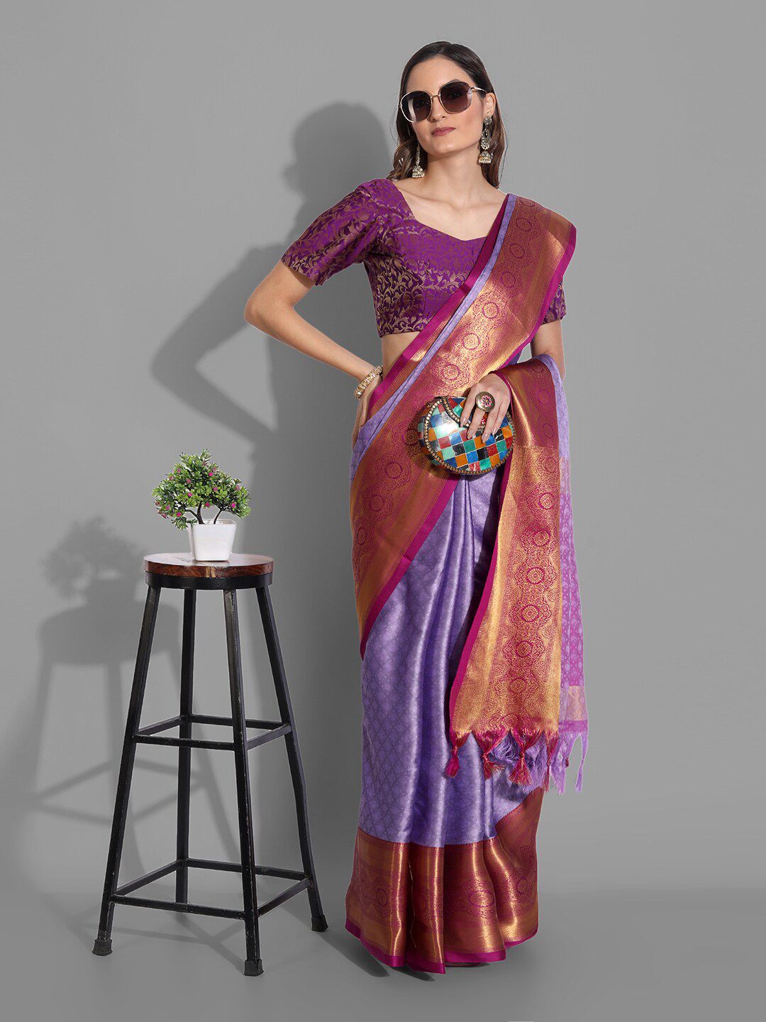 Mitera Purple & Maroon Woven Design Zardozi Mysore Silk Saree Price in India