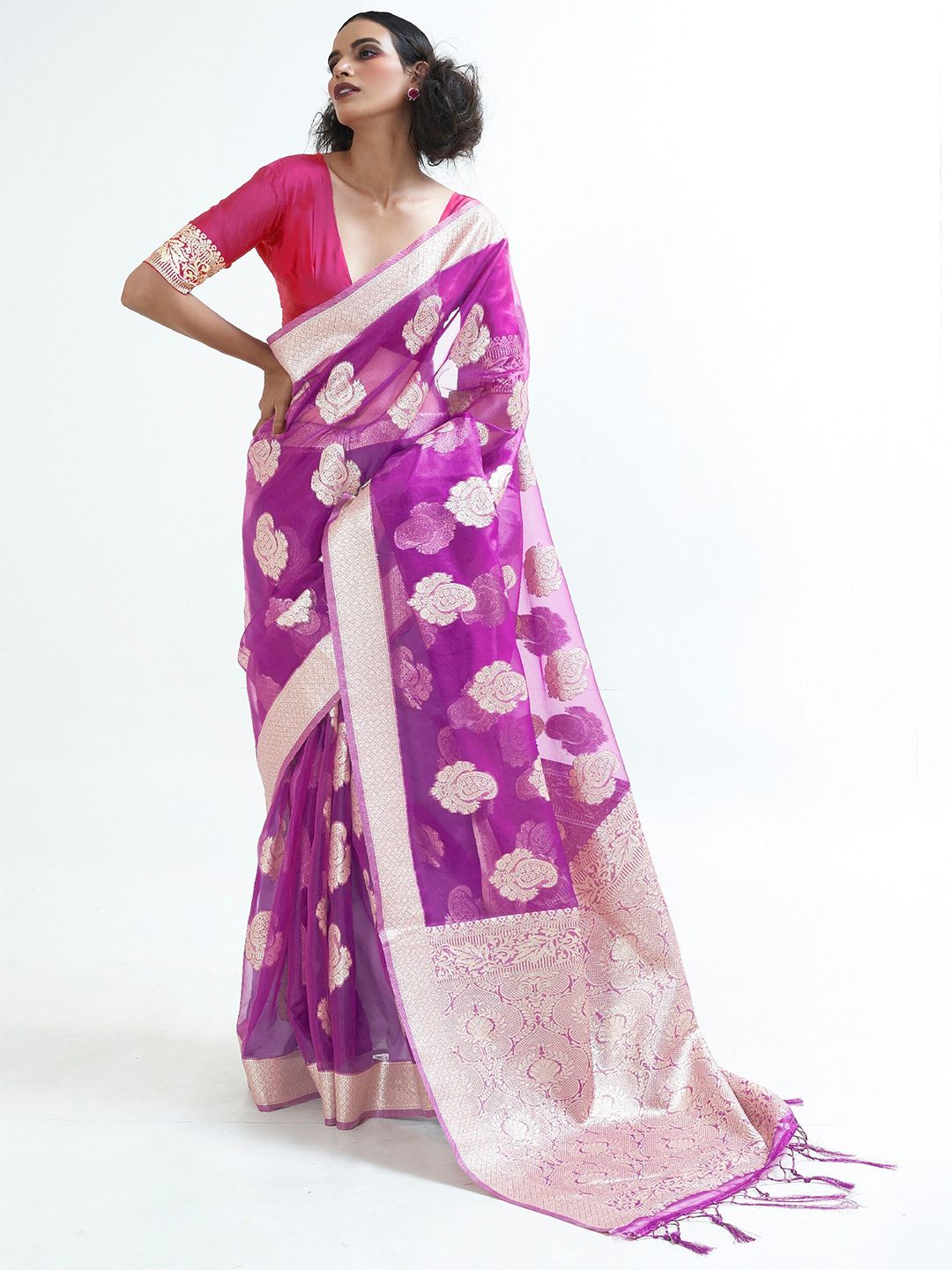 Mitera Burgundy & Pink Floral Zari Organza Banarasi Saree Price in India