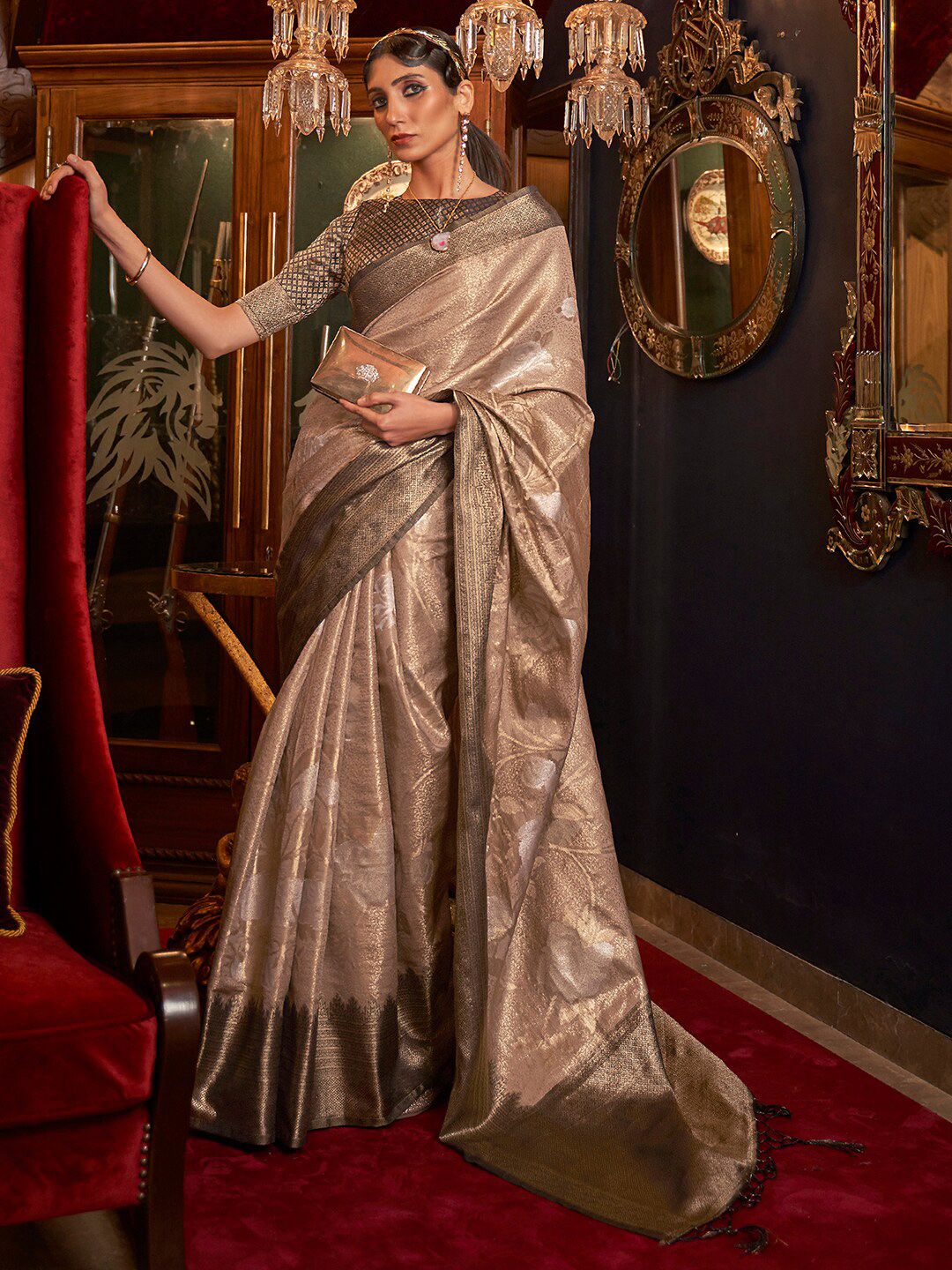 Mitera Beige & Gold-Toned Woven Design Zari Silk Blend Banarasi Saree Price in India