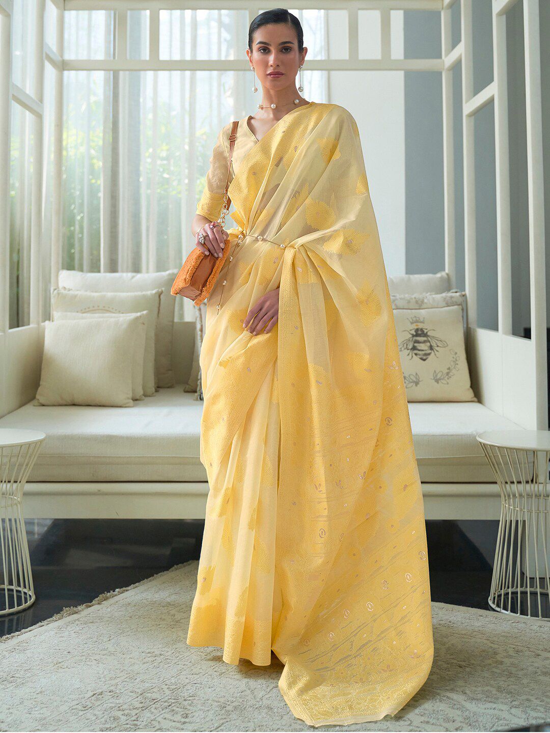 Mitera Yellow & Gold-Toned Ethnic Motifs Zari Linen Blend Banarasi Saree Price in India