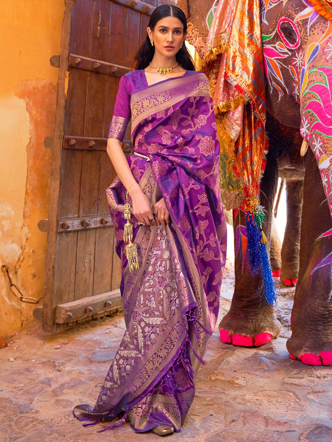 Mitera Purple & Gold-Toned Floral Silk Blend Banarasi Saree Price in India