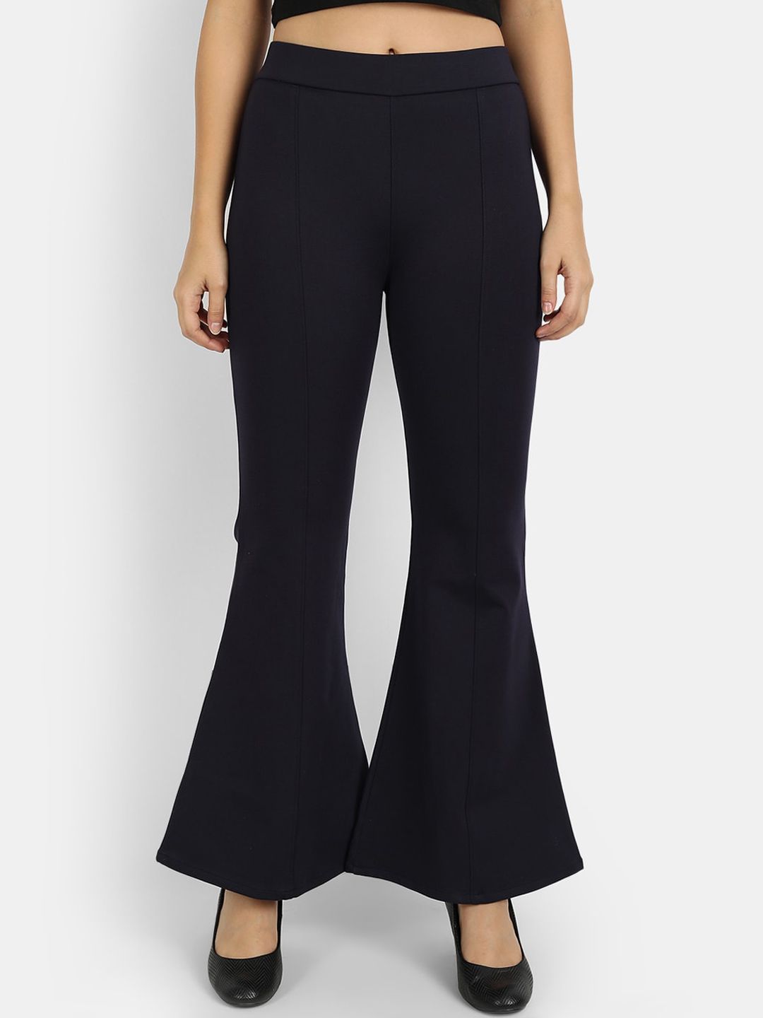 Next One Women Navy Blue Flared High-Rise Trousers Price in India