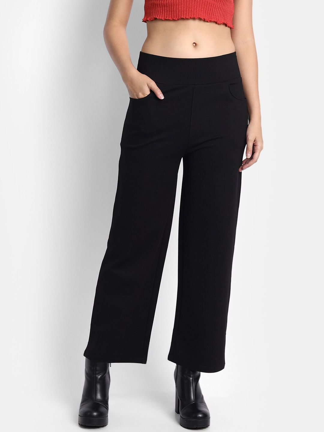 Next One Women Black Straight Fit High-Rise Trousers Price in India