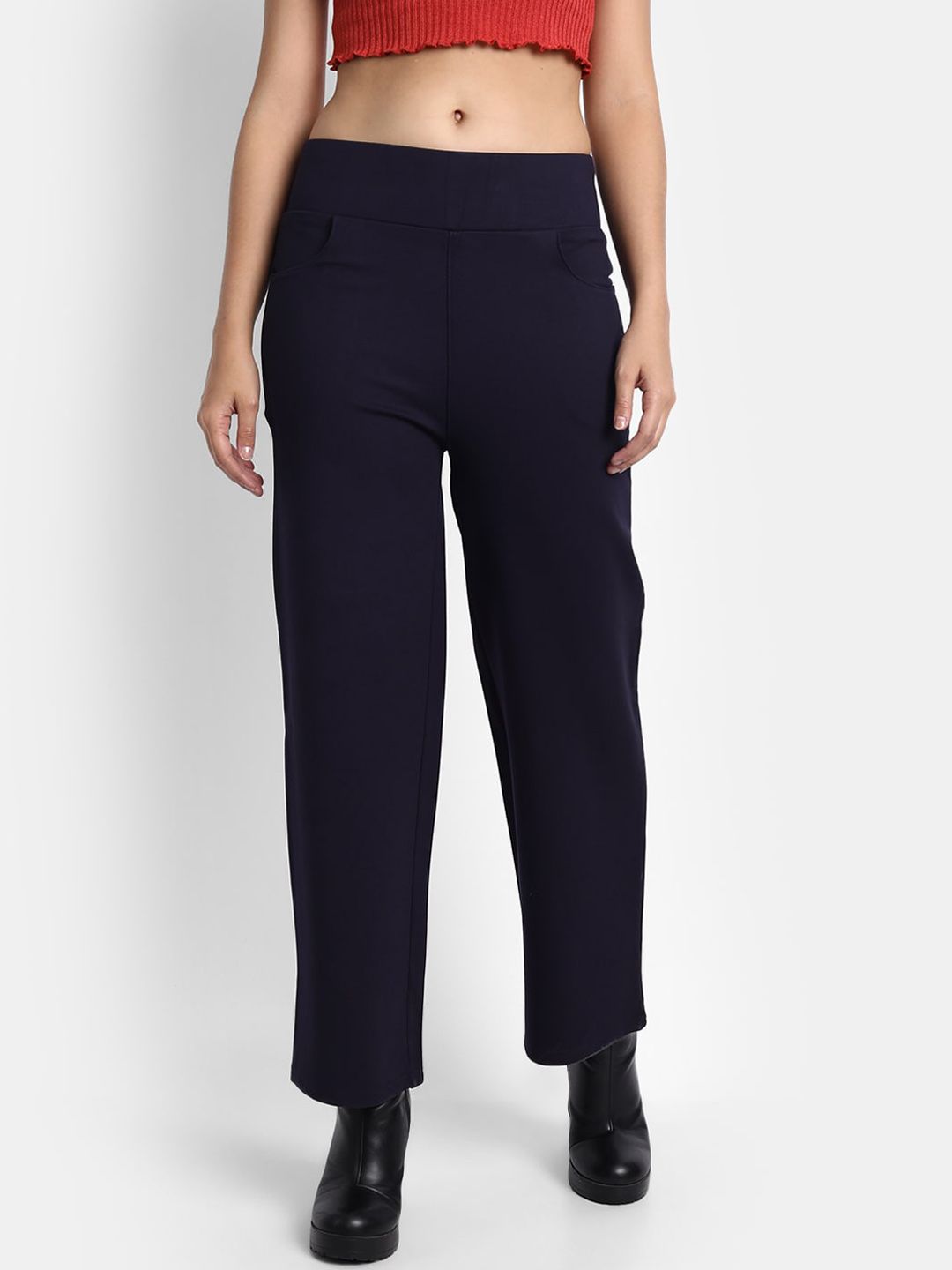 Next One Women Navy Blue Straight Fit High-Rise Trousers Price in India