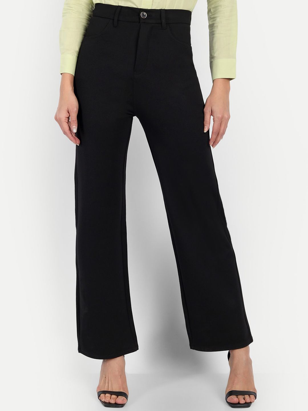 Next One Women Black Straight Fit High-Rise Easy Wash Trousers Price in India