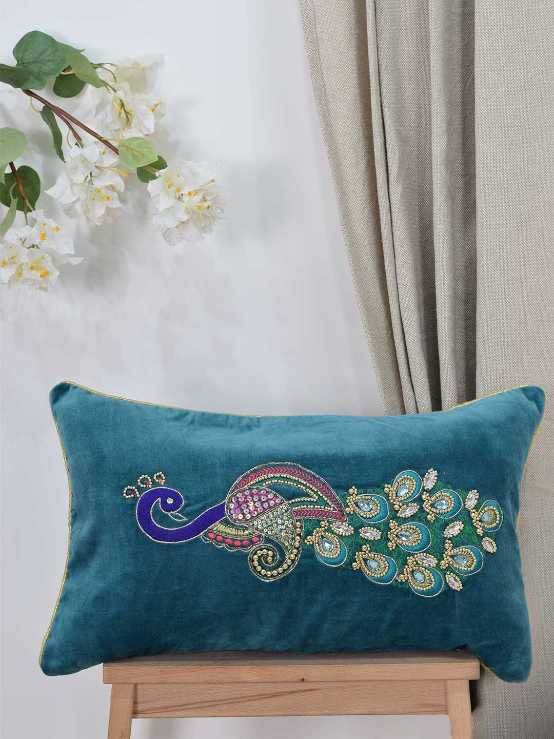 BLANC9 Turquoise Blue Peacock Embellished Rectangle Cushion Covers Price in India