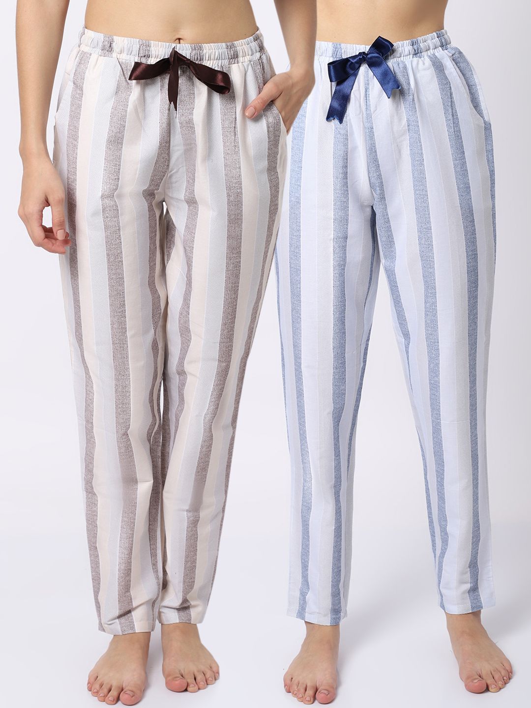 Claura Women Pack Of 2 Blue & Beige Striped Lounge Pants Price in India