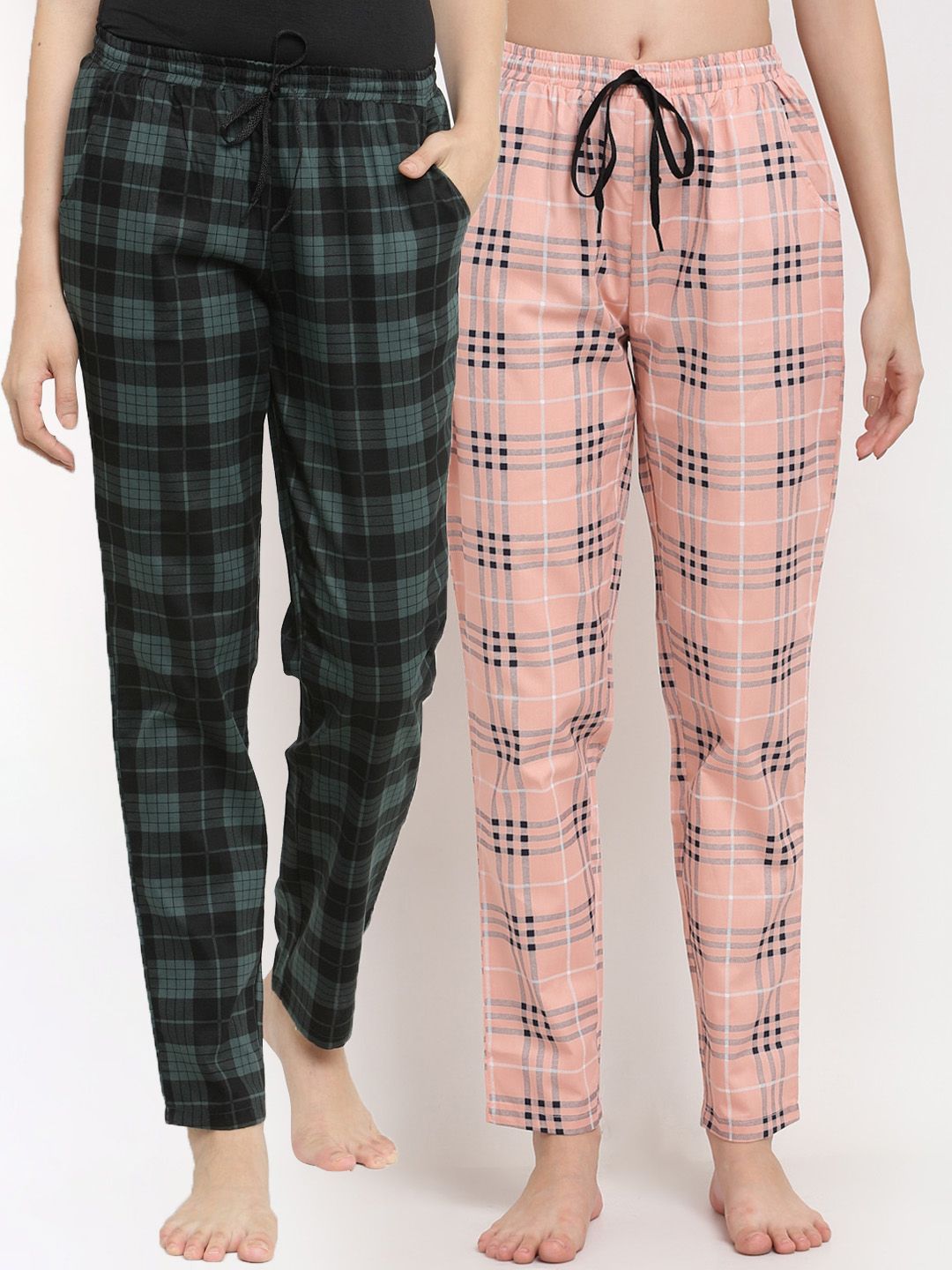 Claura Women Pack Of 2 Green & Pink Checked Pure Cotton Lounge Pants Price in India