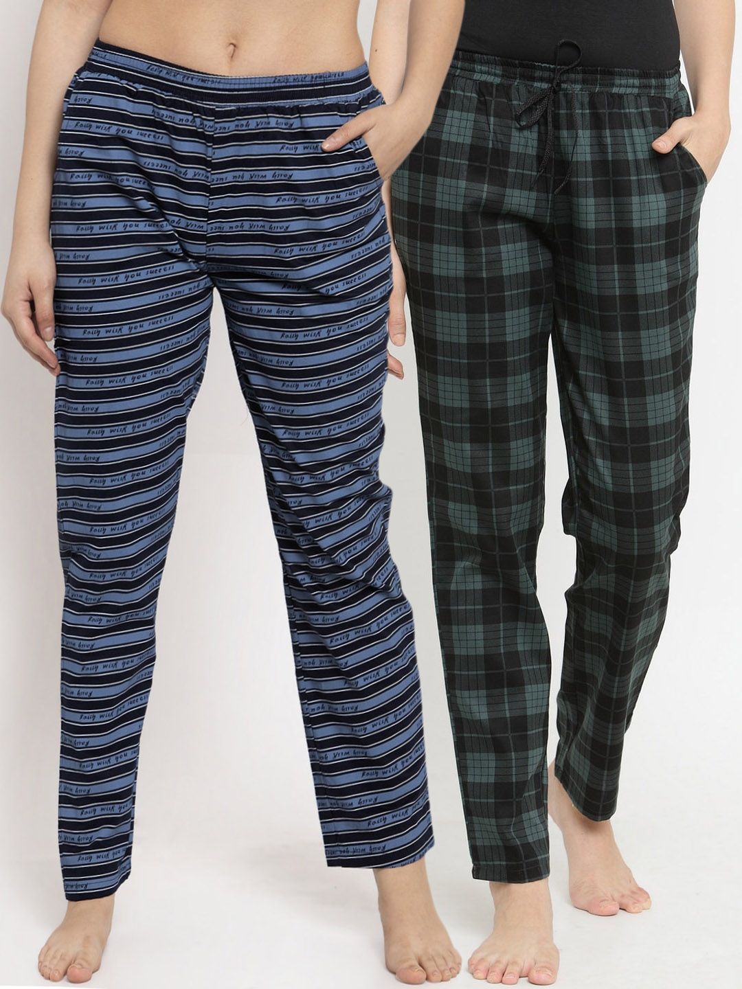 Claura Women Pack Of 2 Green & Blue Checked Cotton Lounge Pants Price in India