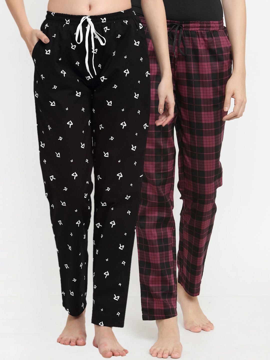 Claura Women Pack Of 2 Black & Red Printed Cotton Lounge Pants Price in India