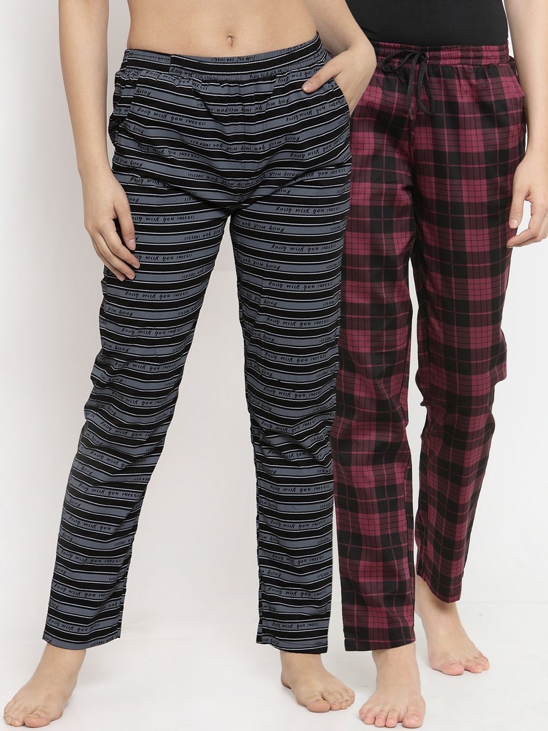 Claura Women Pack Of 2 Black & Pink Printed Cotton Lounge Pants Price in India