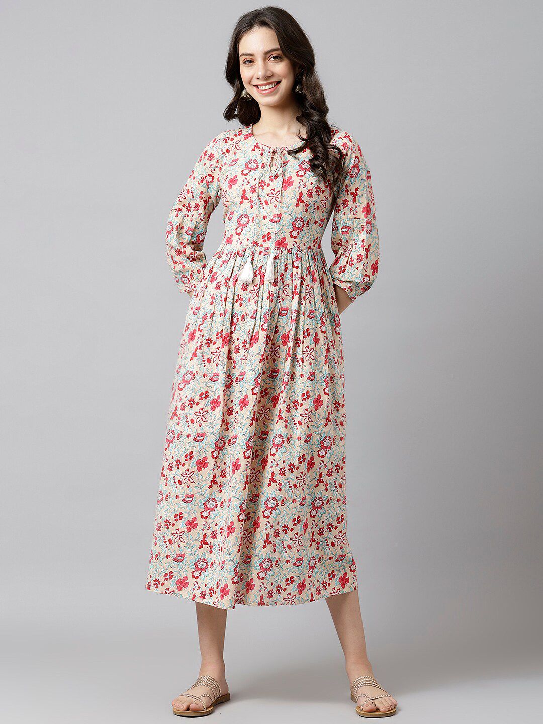 DECKEDUP Cream-Coloured & Red Floral Tie-Up Neck Midi Fit and Flare Dress Price in India